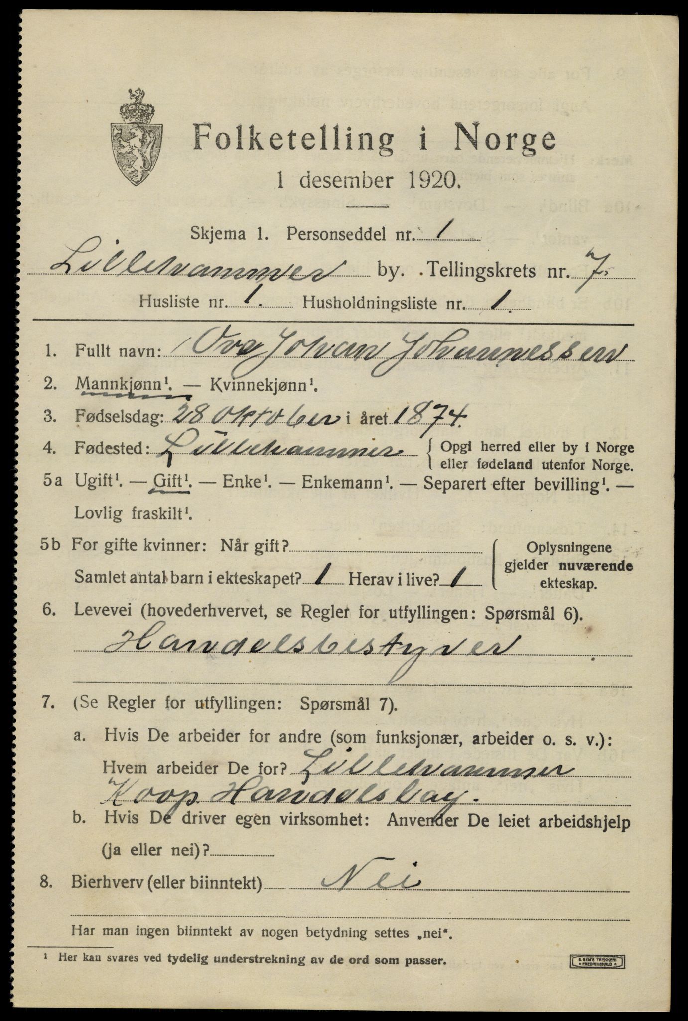SAH, 1920 census for Lillehammer, 1920, p. 9410