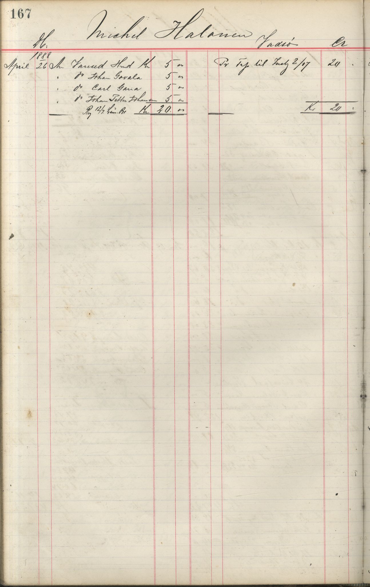 Brodtkorb handel A/S, VAMU/A-0001/F/Fa/L0001/0002: Kompanibøker. Innensogns / Compagnibog for Indensogns Fiskere No 11, 1887-1889, p. 167