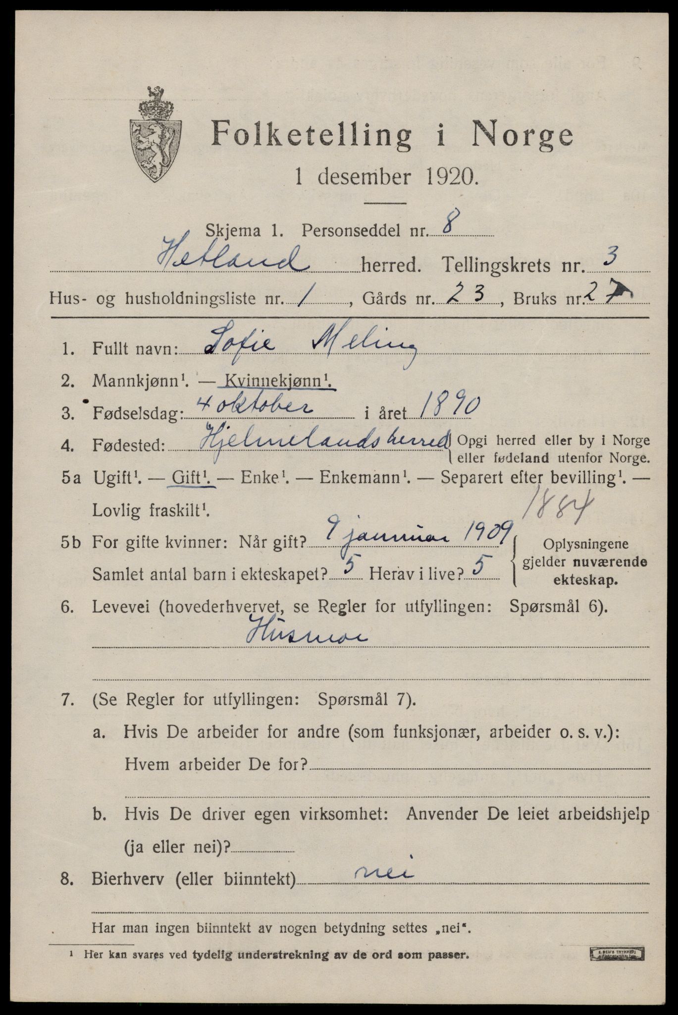 SAST, 1920 census for Hetland, 1920, p. 5223