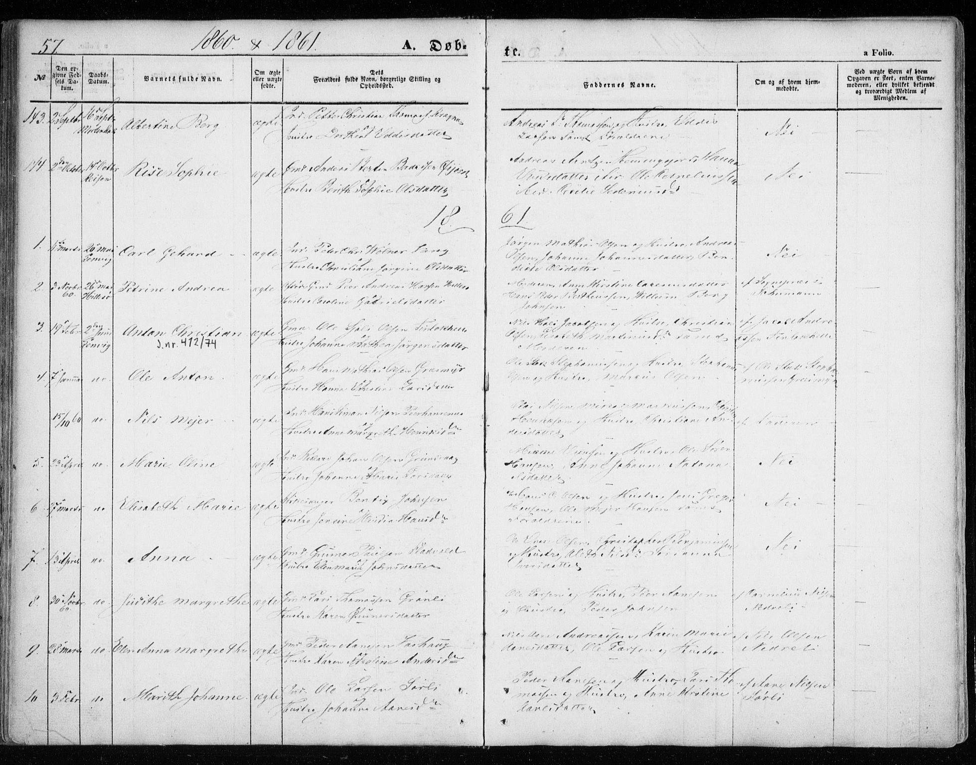 Lenvik sokneprestembete, AV/SATØ-S-1310/H/Ha/Haa/L0007kirke: Parish register (official) no. 7, 1855-1865, p. 57