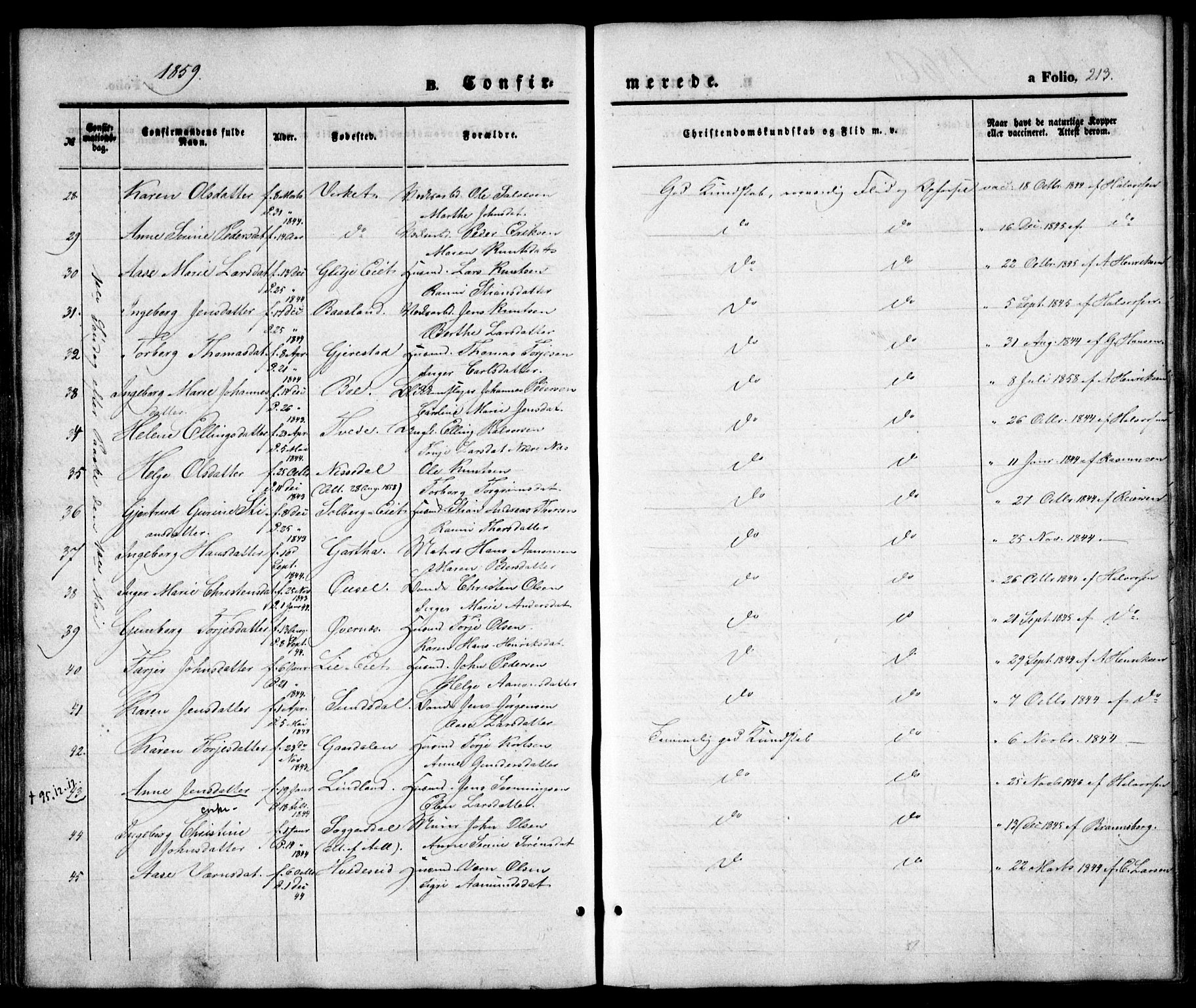 Holt sokneprestkontor, AV/SAK-1111-0021/F/Fa/L0008: Parish register (official) no. A 8, 1849-1860, p. 213