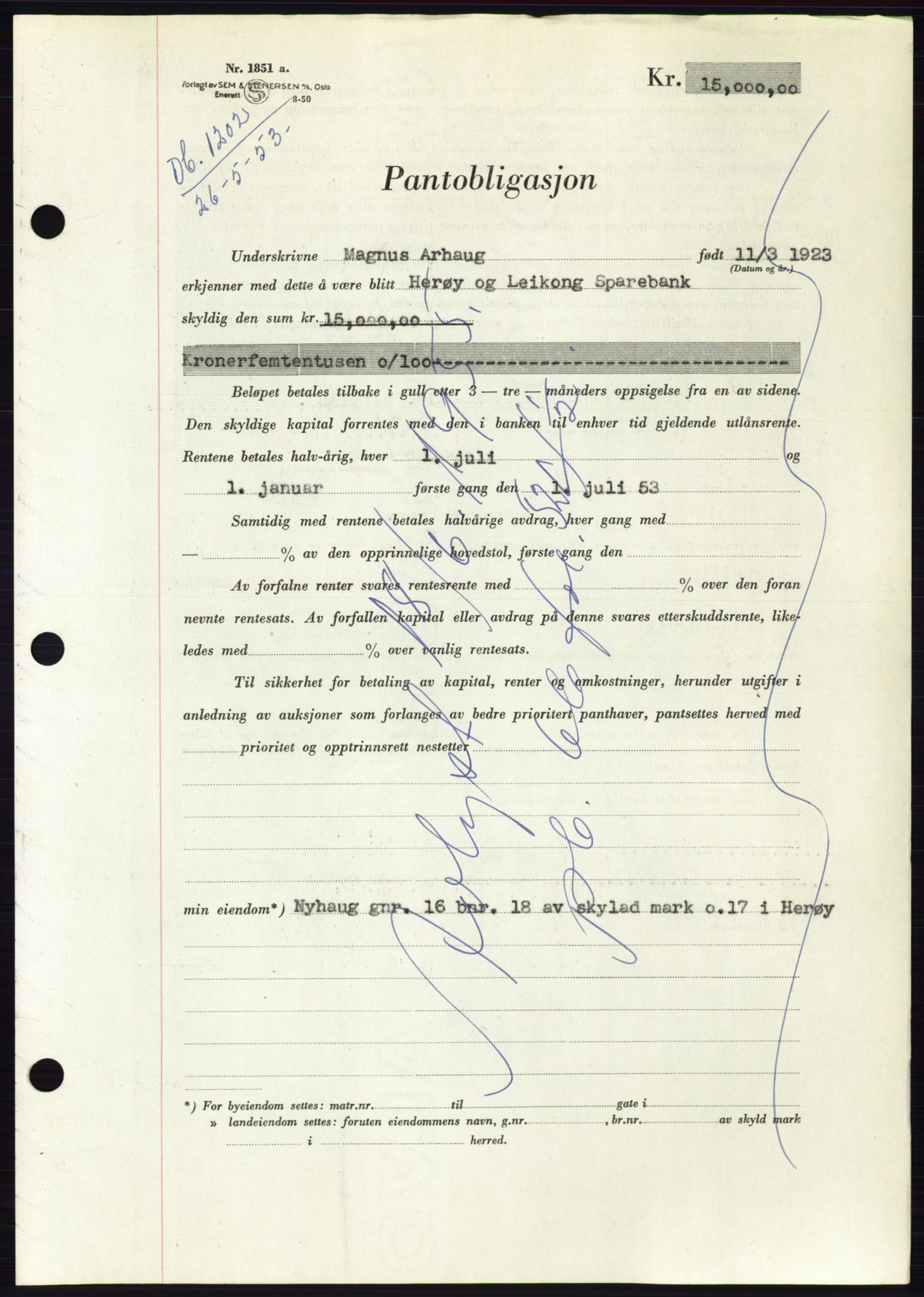 Søre Sunnmøre sorenskriveri, AV/SAT-A-4122/1/2/2C/L0123: Mortgage book no. 11B, 1953-1953, Diary no: : 1202/1953