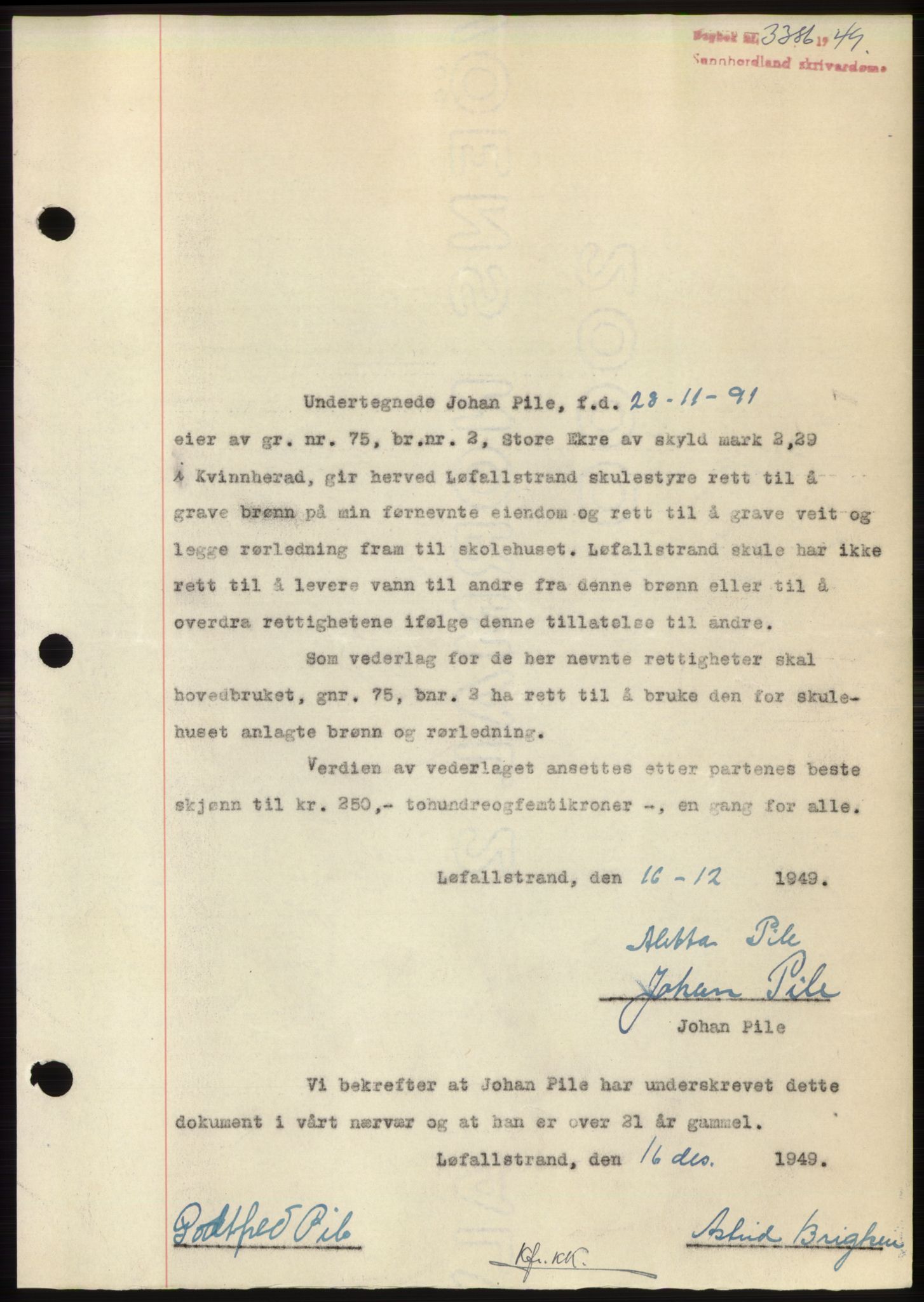 Sunnhordland sorenskrivar, AV/SAB-A-2401: Mortgage book no. B75-79, 1948-1950, Diary no: : 3386/1949