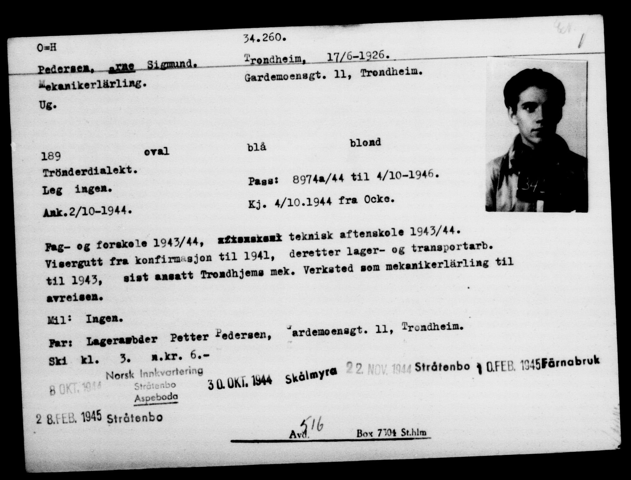 Utenriksstasjonene, Legasjonen i Stockholm, Flyktningkontoret, AV/RA-S-6753/V/Va/L0013: Kjesäterkartoteket, flyktninger med registreringsnr. 31500-34731, 1940-1945, p. 2912