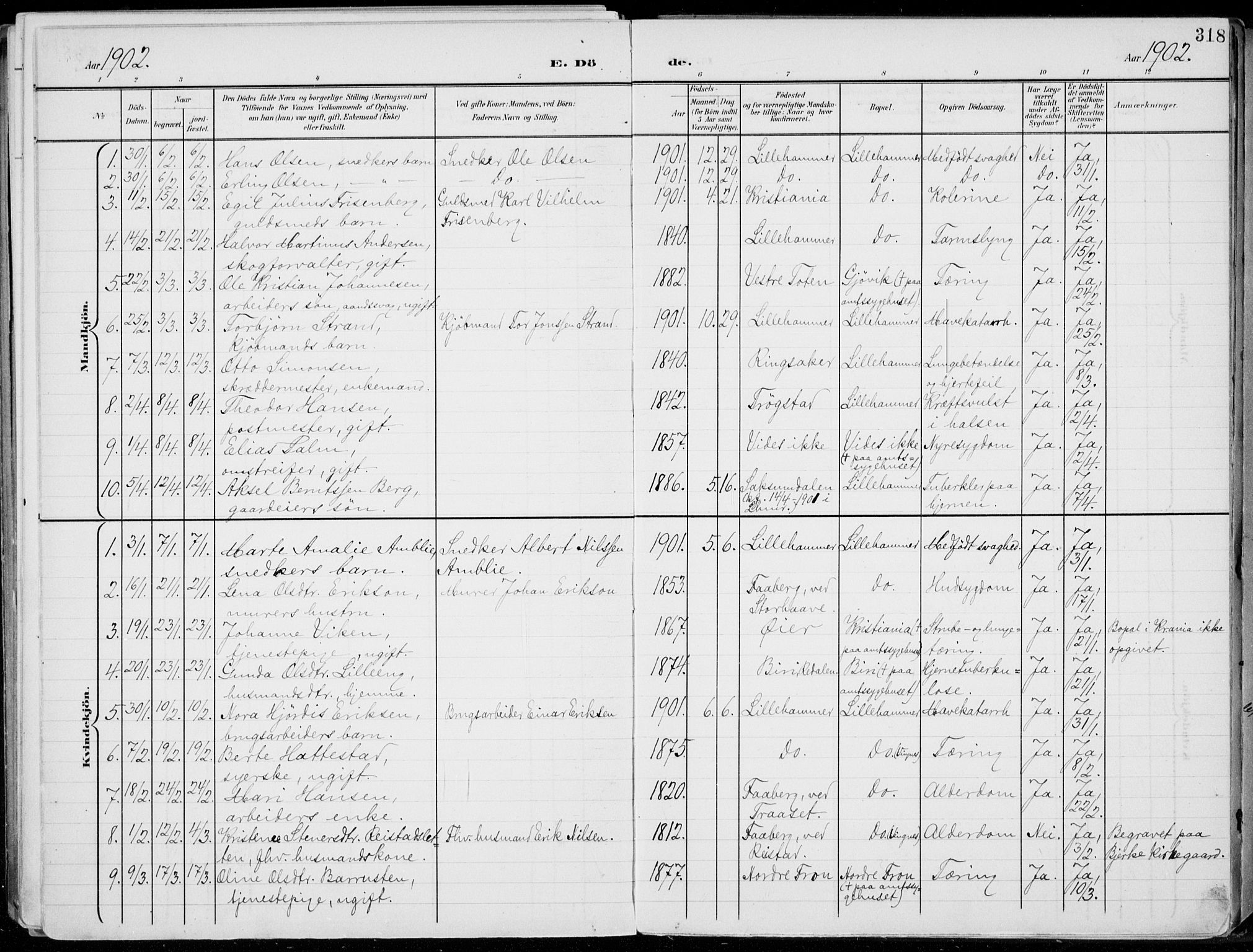 Lillehammer prestekontor, SAH/PREST-088/H/Ha/Haa/L0001: Parish register (official) no. 1, 1901-1916, p. 318