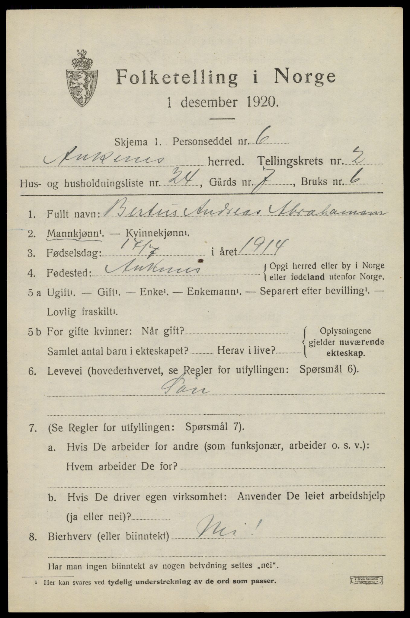 SAT, 1920 census for Ankenes, 1920, p. 1699