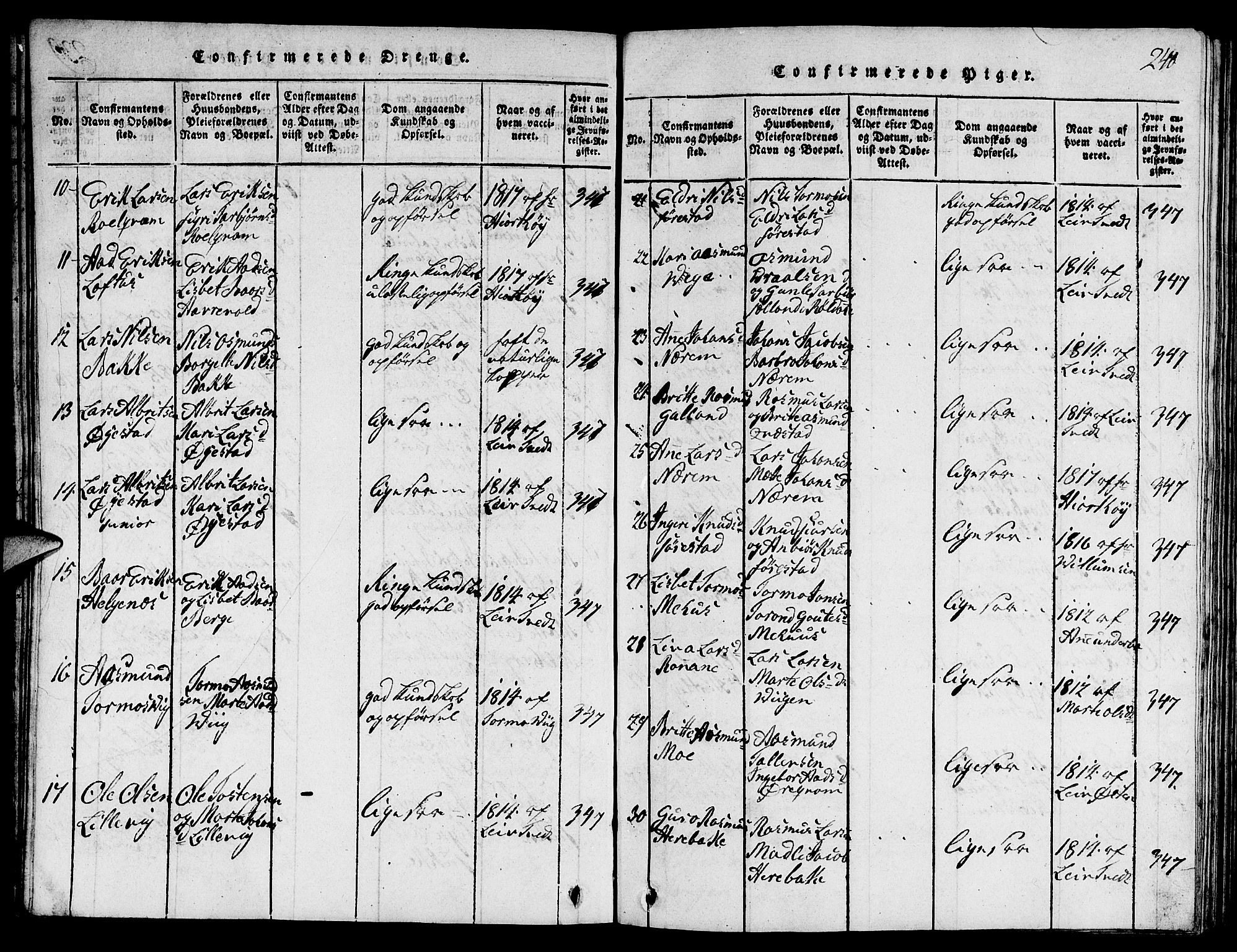 Suldal sokneprestkontor, AV/SAST-A-101845/01/V/L0001: Parish register (copy) no. B 1, 1816-1836, p. 240