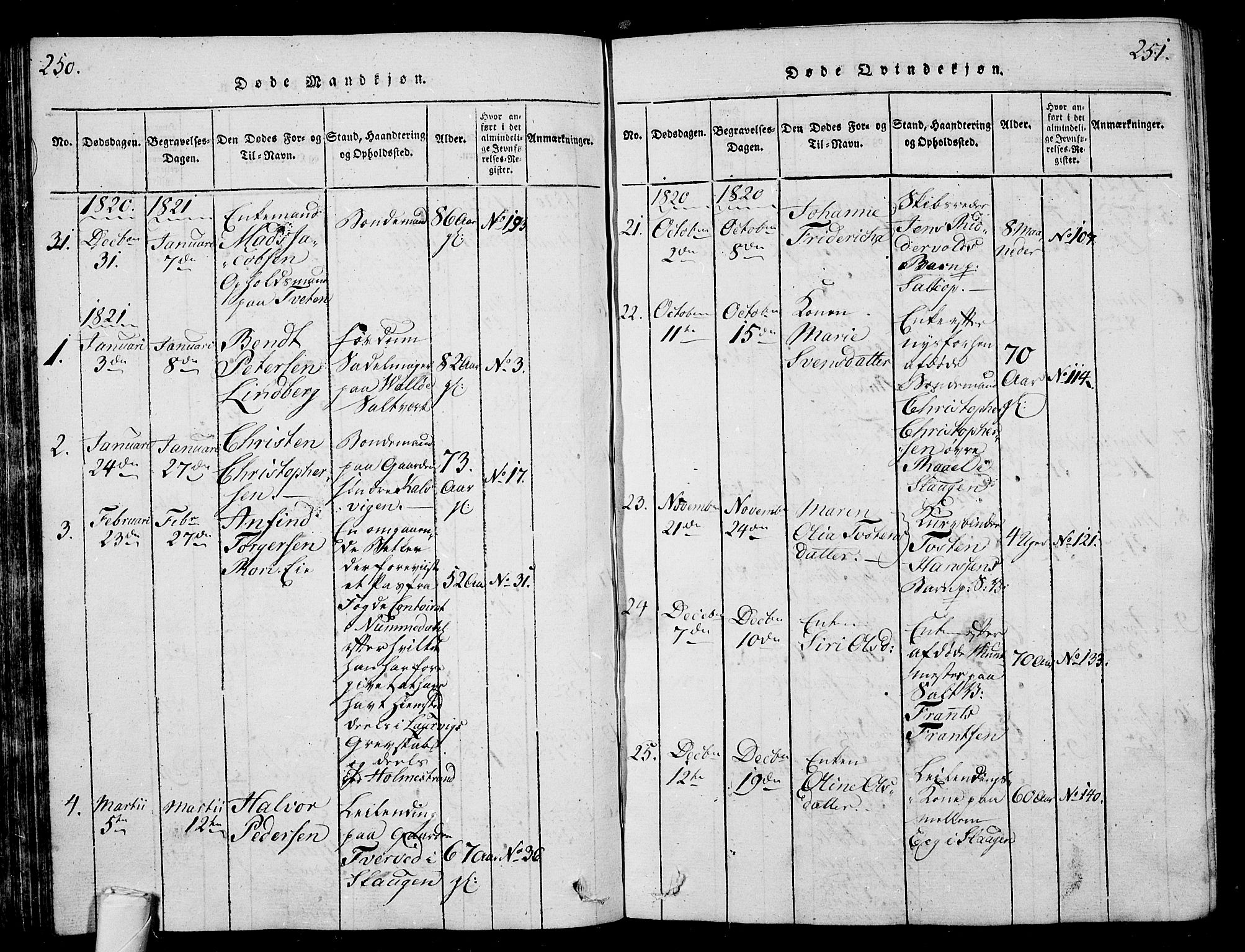 Sem kirkebøker, AV/SAKO-A-5/G/Ga/L0001: Parish register (copy) no. I 1, 1814-1825, p. 250-251