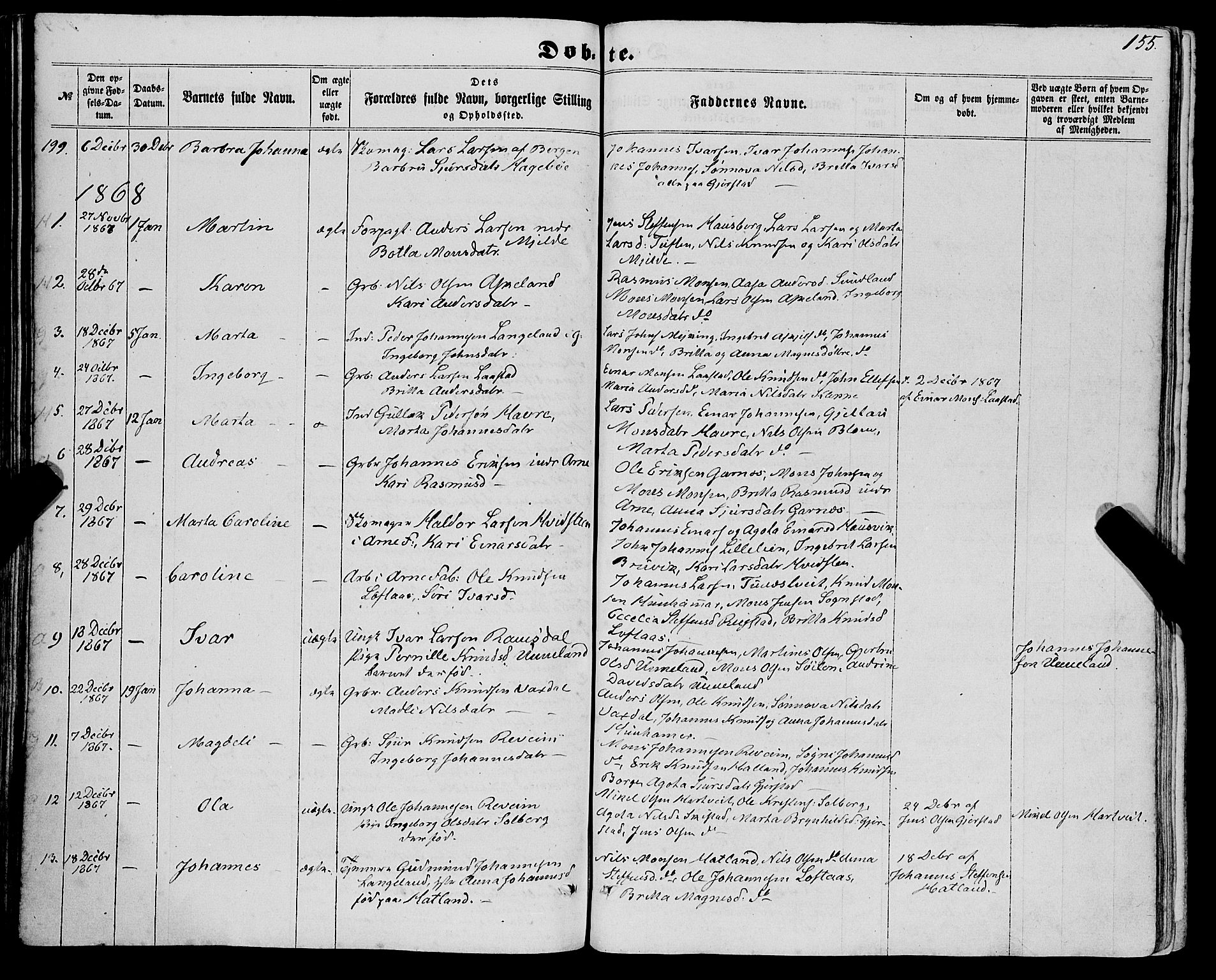 Haus sokneprestembete, SAB/A-75601/H/Haa: Parish register (official) no. A 17, 1858-1870, p. 155