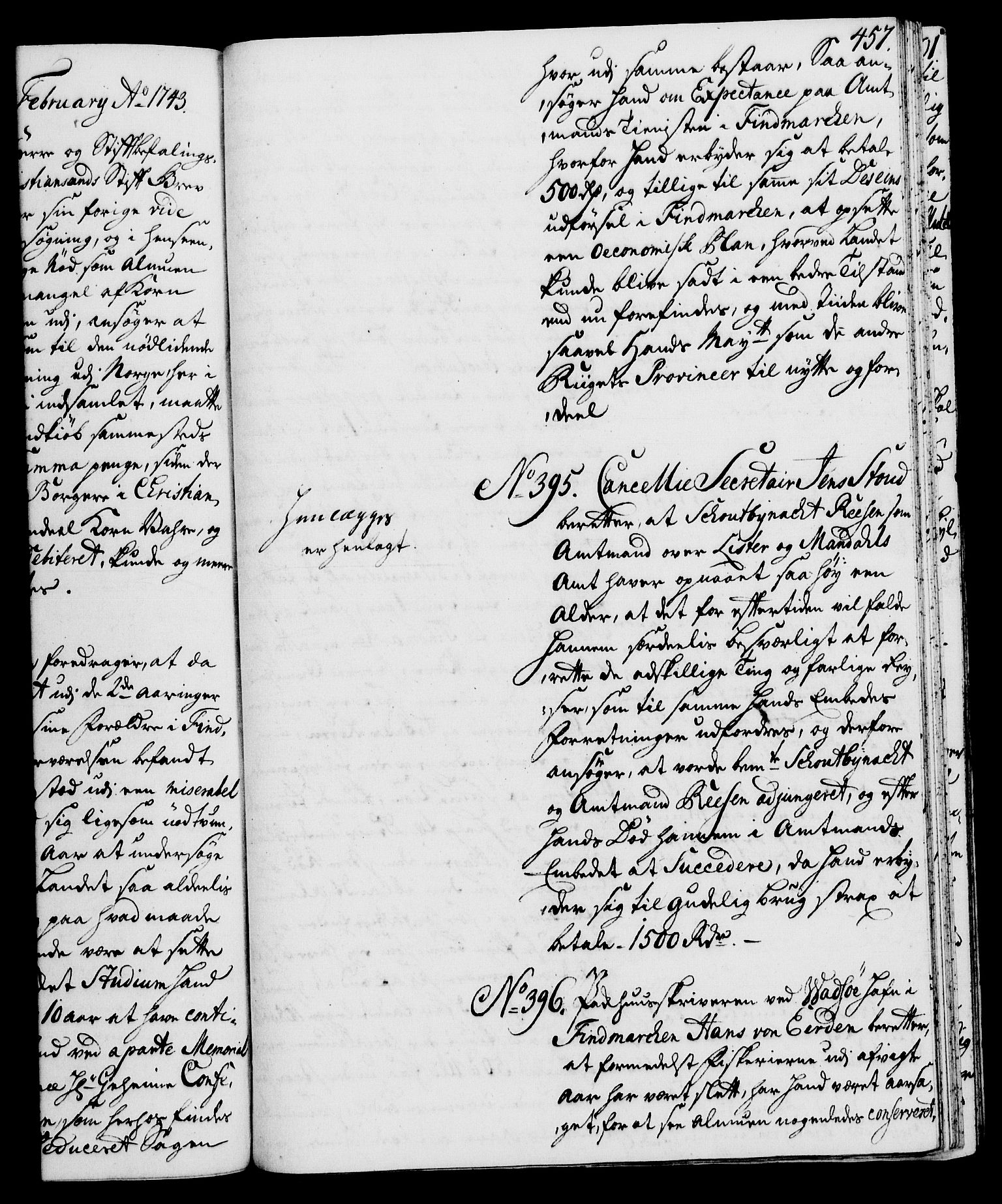 Rentekammeret, Kammerkanselliet, RA/EA-3111/G/Gh/Gha/L0024: Norsk ekstraktmemorialprotokoll (merket RK 53.69), 1742-1743, p. 457