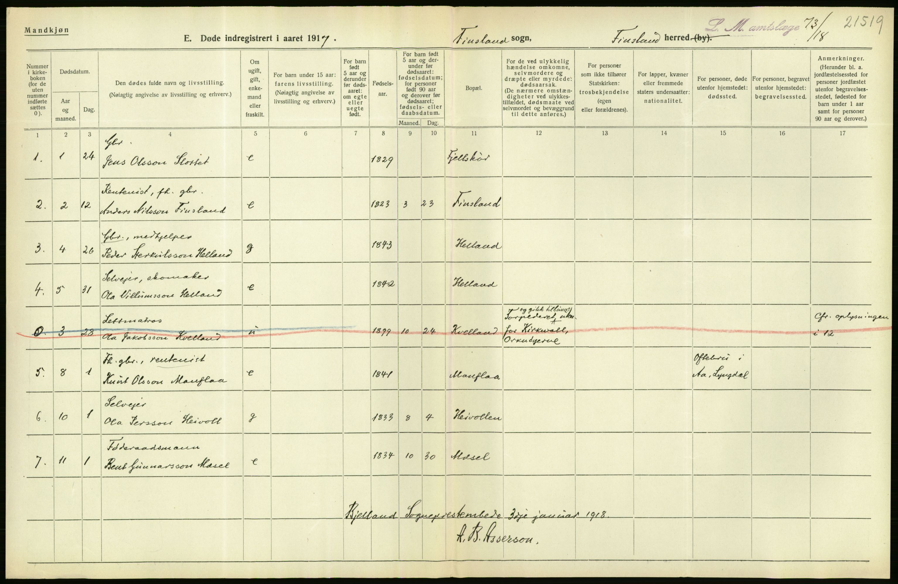 Statistisk sentralbyrå, Sosiodemografiske emner, Befolkning, AV/RA-S-2228/D/Df/Dfb/Dfbg/L0030: Lister og Mandals amt: Gifte, døde, dødfødte. Bygder og byer., 1917, p. 46