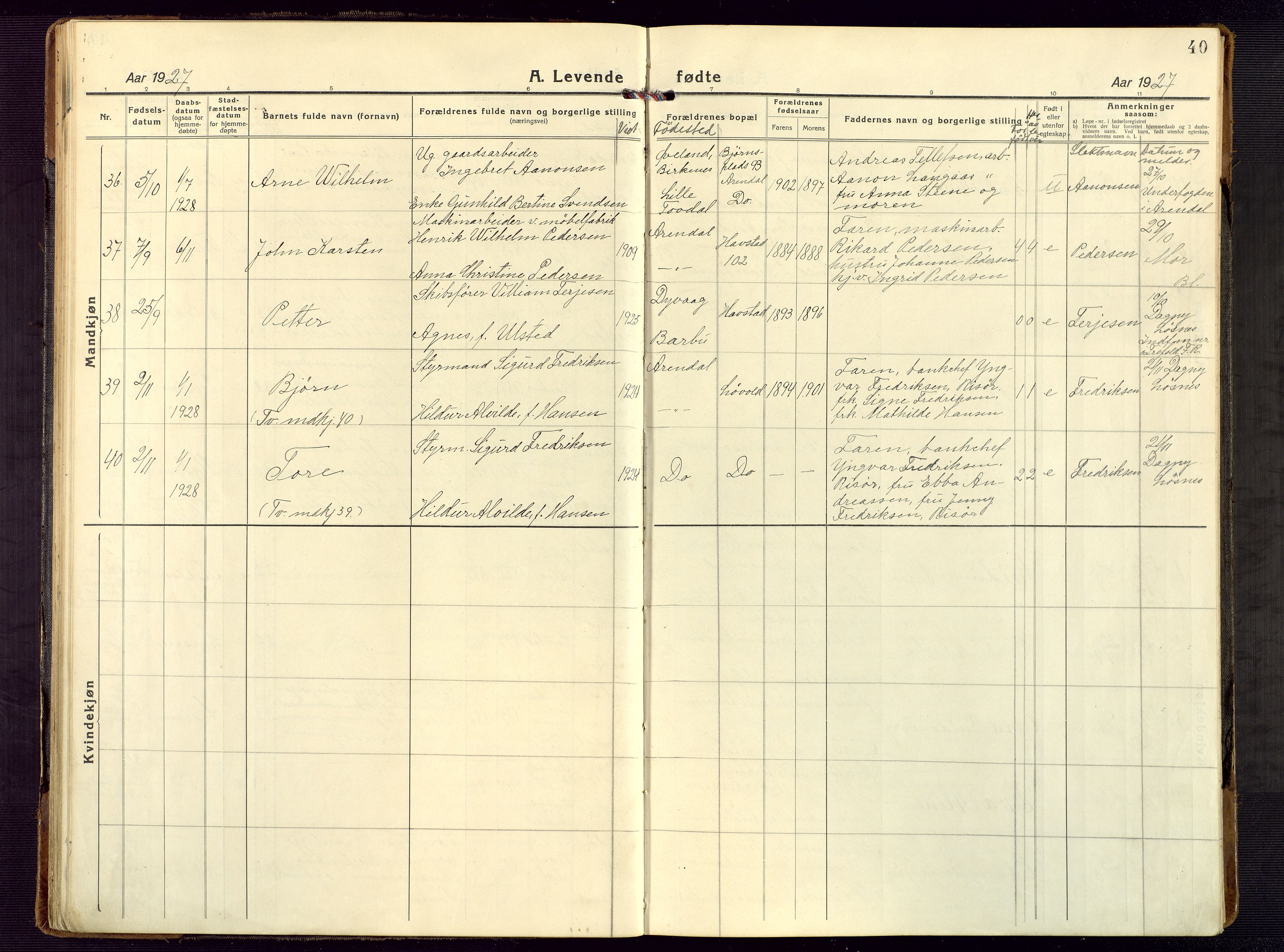 Barbu sokneprestkontor, AV/SAK-1111-0003/F/Fb/L0005: Parish register (copy) no. B 5, 1923-1946, p. 40