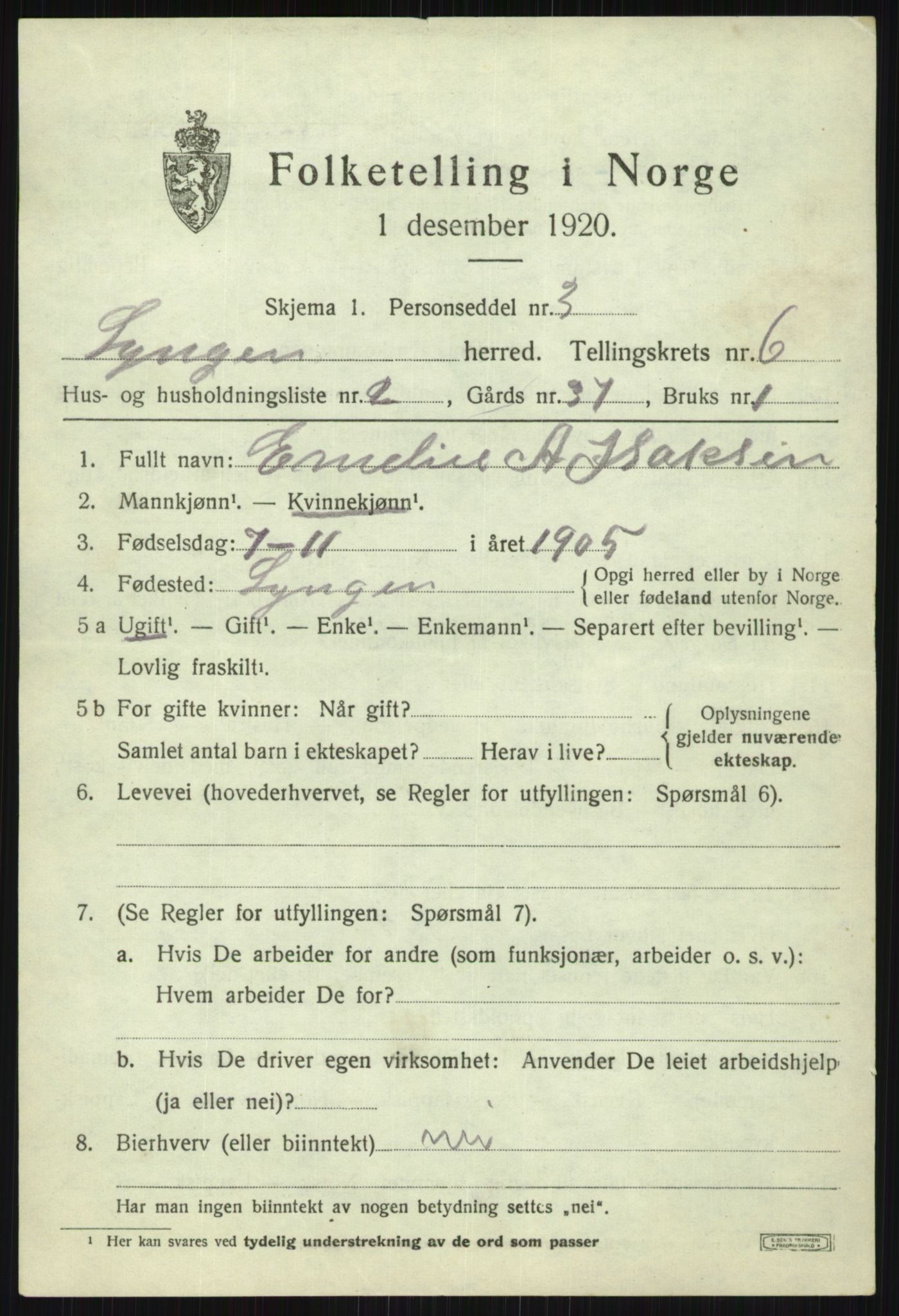 SATØ, 1920 census for Lyngen, 1920, p. 6608