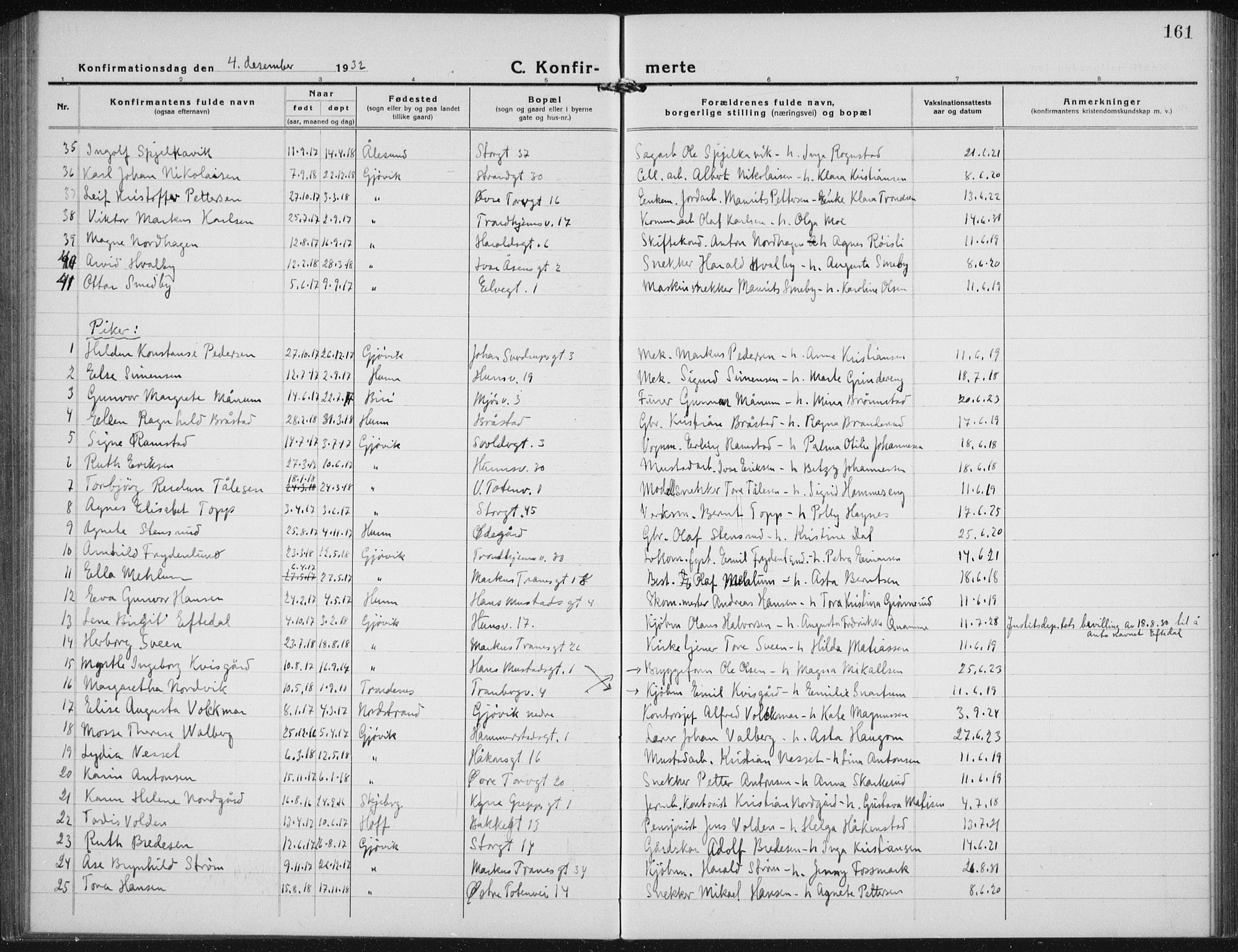 Vardal prestekontor, AV/SAH-PREST-100/H/Ha/Hab/L0017: Parish register (copy) no. 17, 1922-1941, p. 161