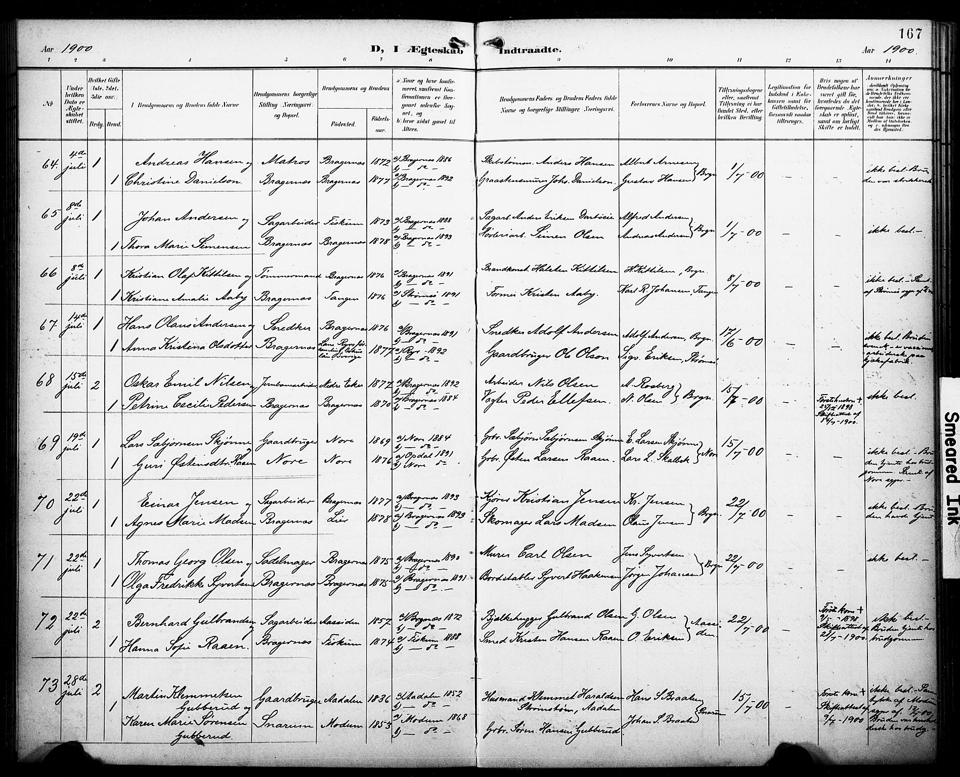 Bragernes kirkebøker, SAKO/A-6/F/Fc/L0007: Parish register (official) no. III 7, 1898-1909, p. 167