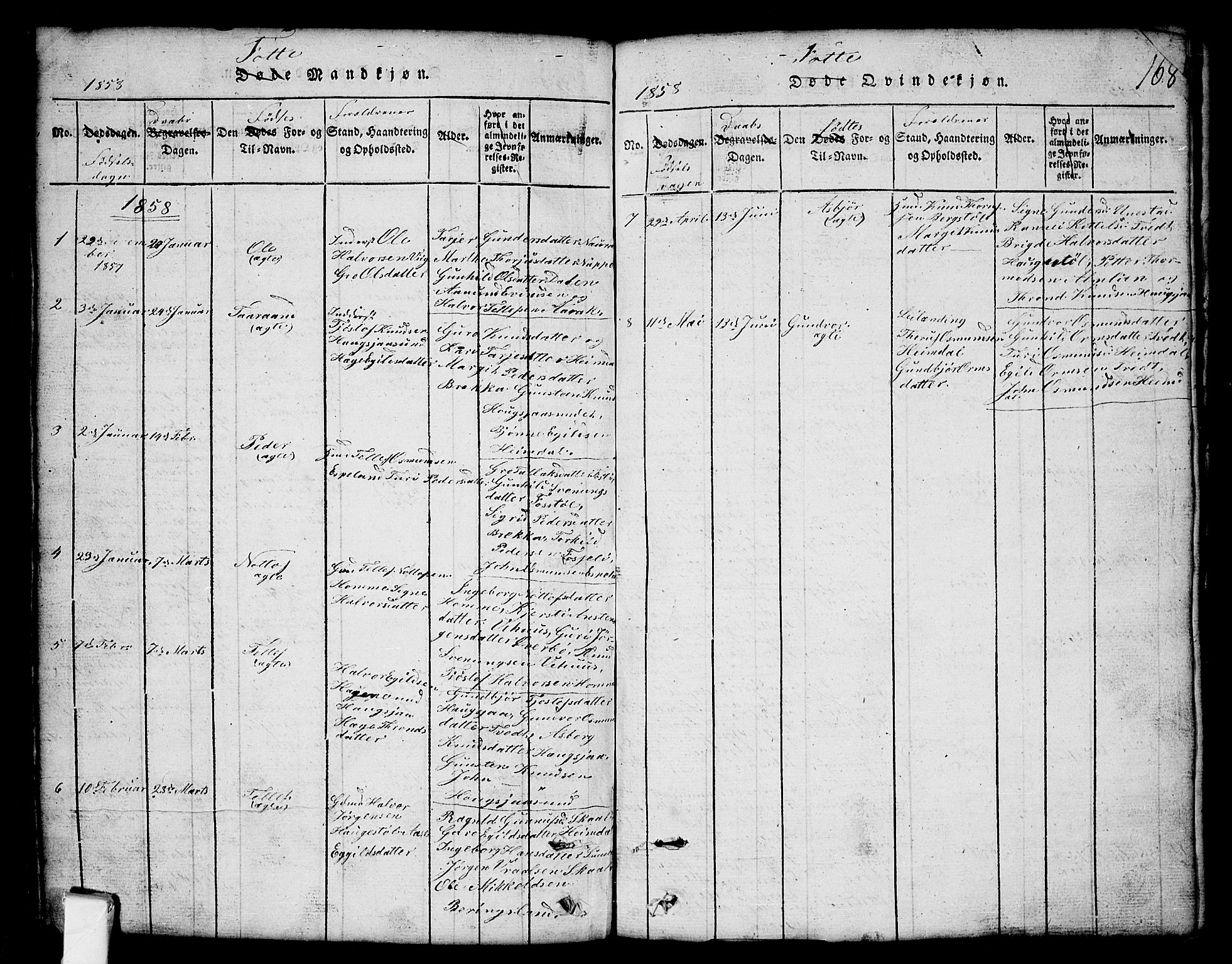 Nissedal kirkebøker, SAKO/A-288/G/Gb/L0001: Parish register (copy) no. II 1, 1814-1862, p. 168