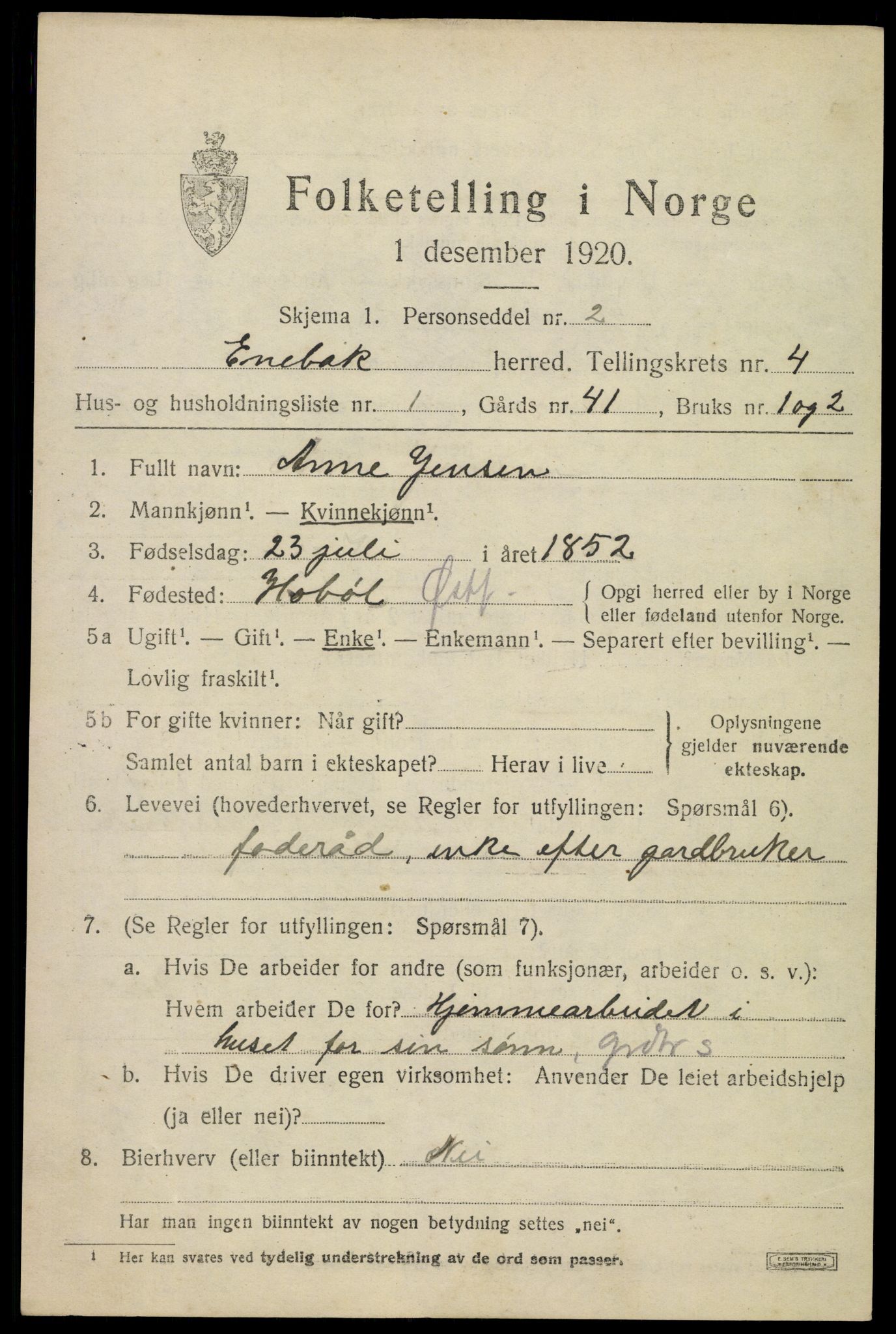 SAO, 1920 census for Enebakk, 1920, p. 3419