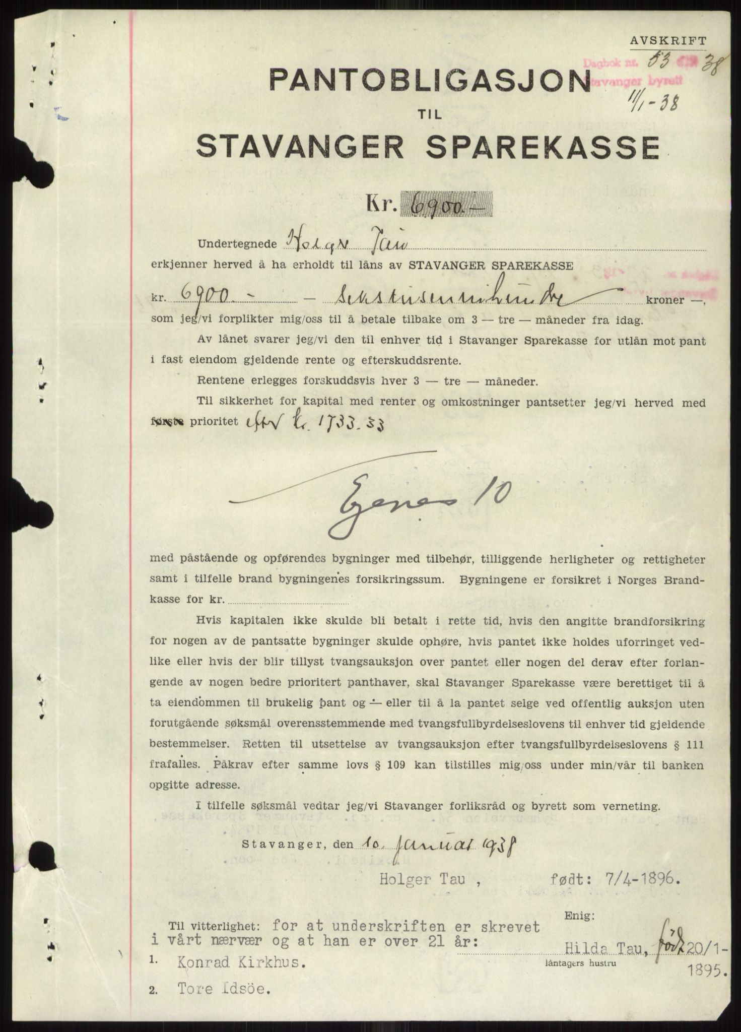 Stavanger byrett, SAST/A-100455/002/G/Gb/L0033: Mortgage book, 1936-1950, Diary no: : 53/1938