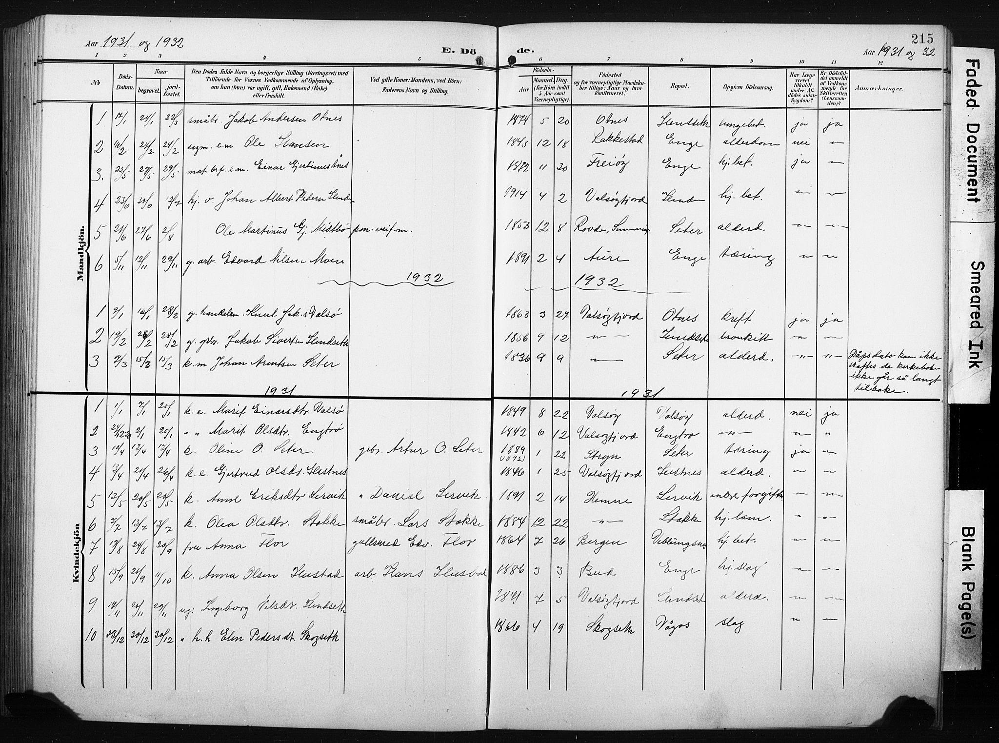 Ministerialprotokoller, klokkerbøker og fødselsregistre - Møre og Romsdal, AV/SAT-A-1454/580/L0927: Parish register (copy) no. 580C02, 1904-1932, p. 215