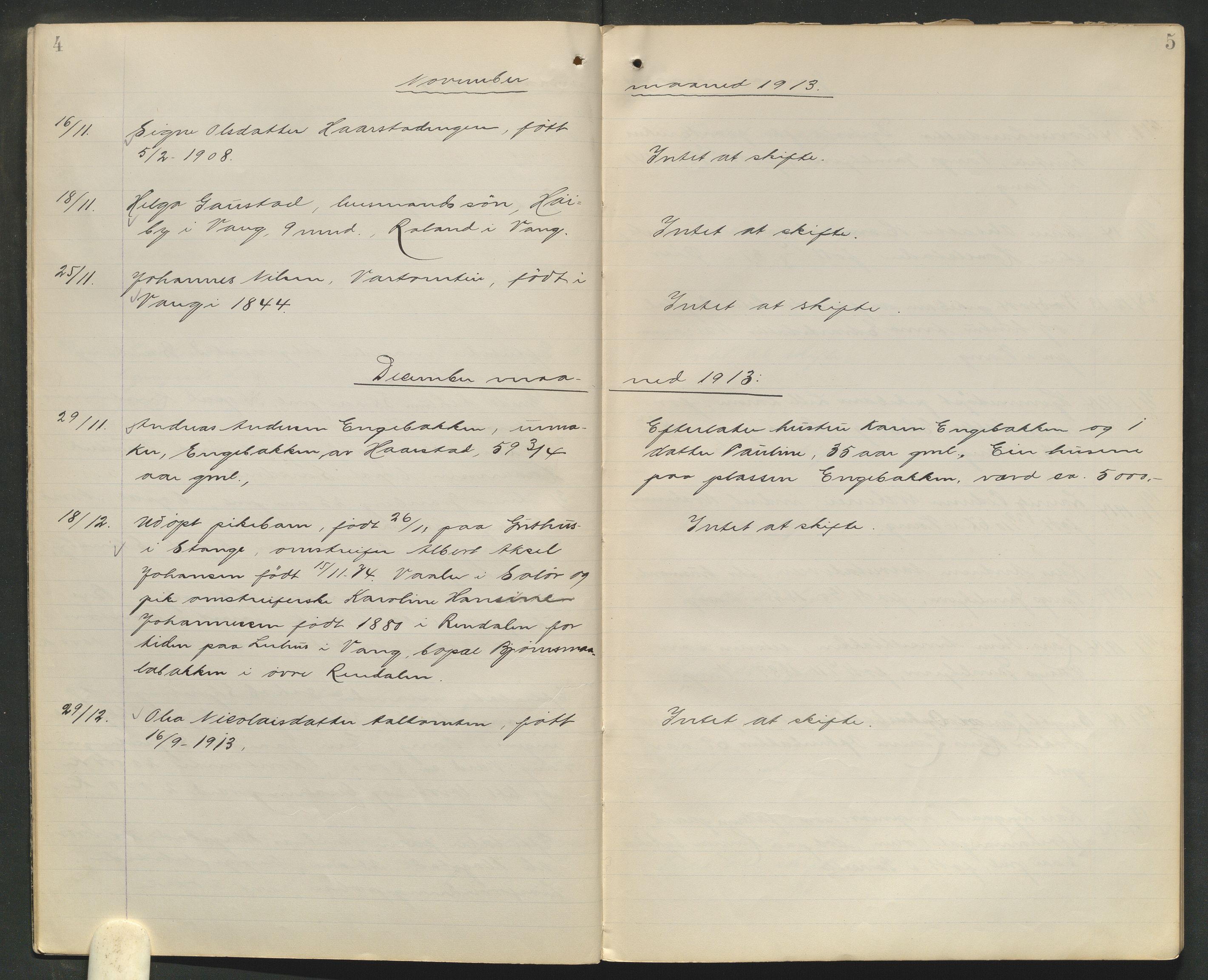 Nord-Hedmark sorenskriveri, AV/SAH-TING-012/J/Ji/L0010: Dødsfallsprotokoll - Vang, 1913-1916, p. 4-5