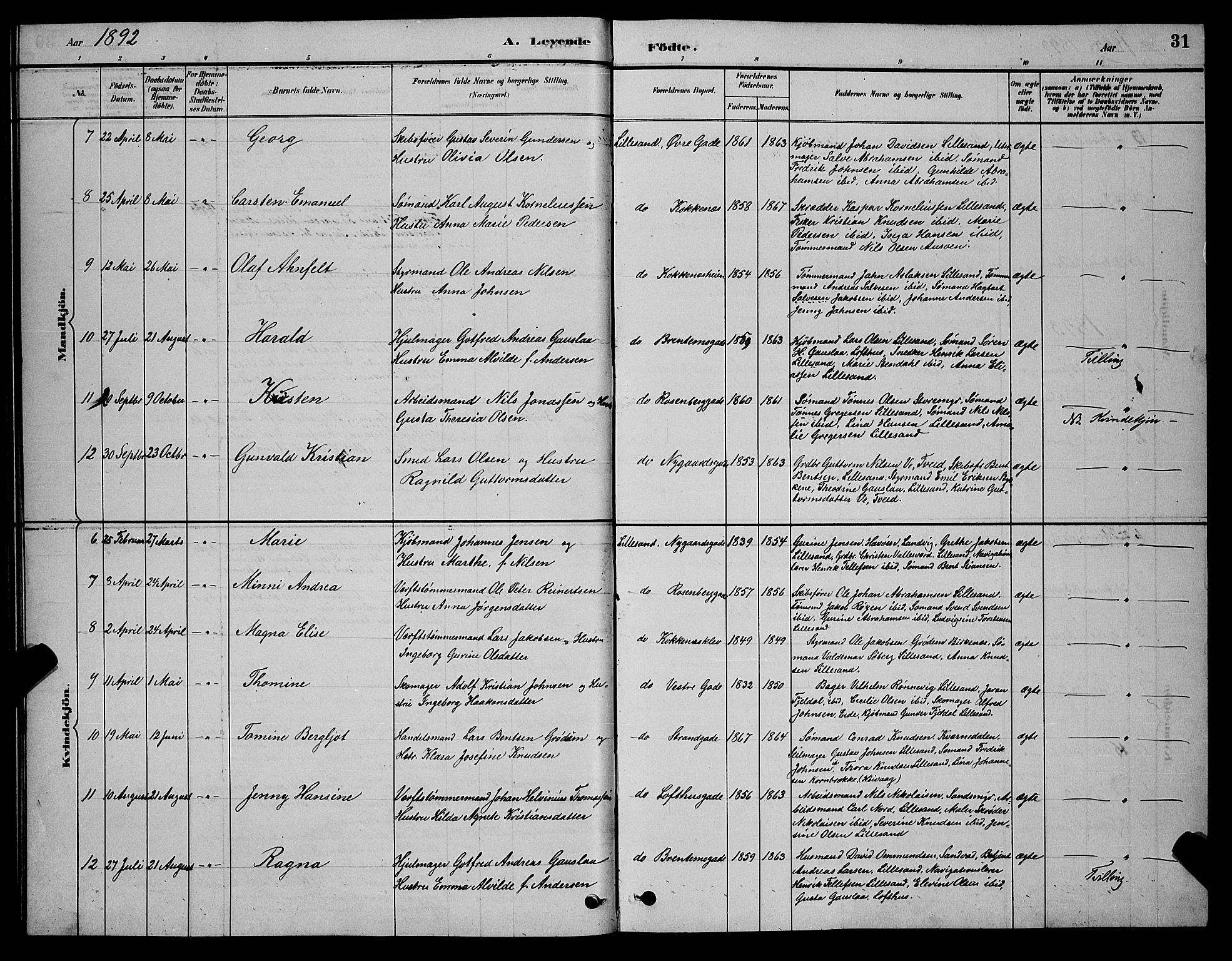 Vestre Moland sokneprestkontor, AV/SAK-1111-0046/F/Fb/Fba/L0001: Parish register (copy) no. B 1, 1884-1903, p. 31