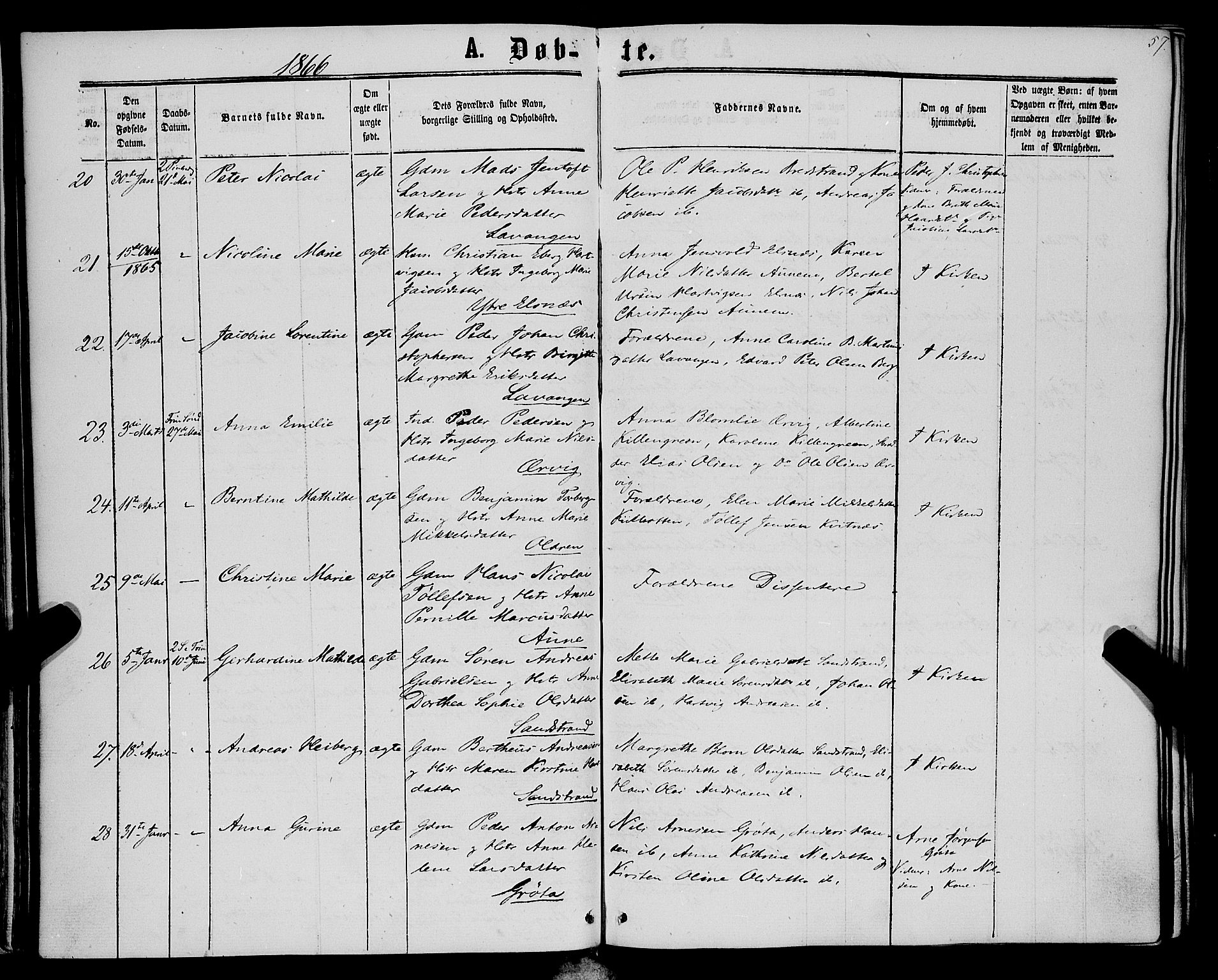 Trondenes sokneprestkontor, AV/SATØ-S-1319/H/Ha/L0012kirke: Parish register (official) no. 12, 1863-1870, p. 57