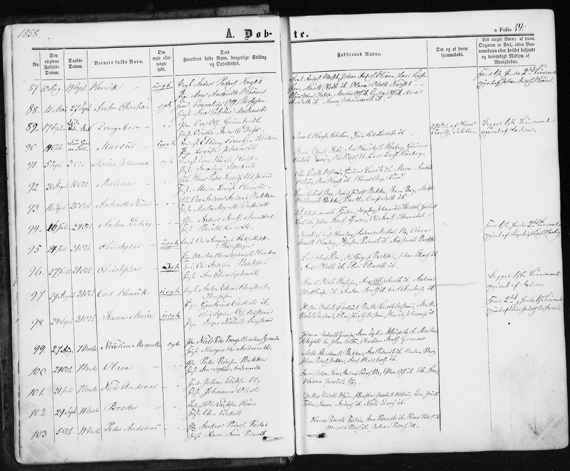 Ministerialprotokoller, klokkerbøker og fødselsregistre - Sør-Trøndelag, SAT/A-1456/659/L0737: Parish register (official) no. 659A07, 1857-1875, p. 14
