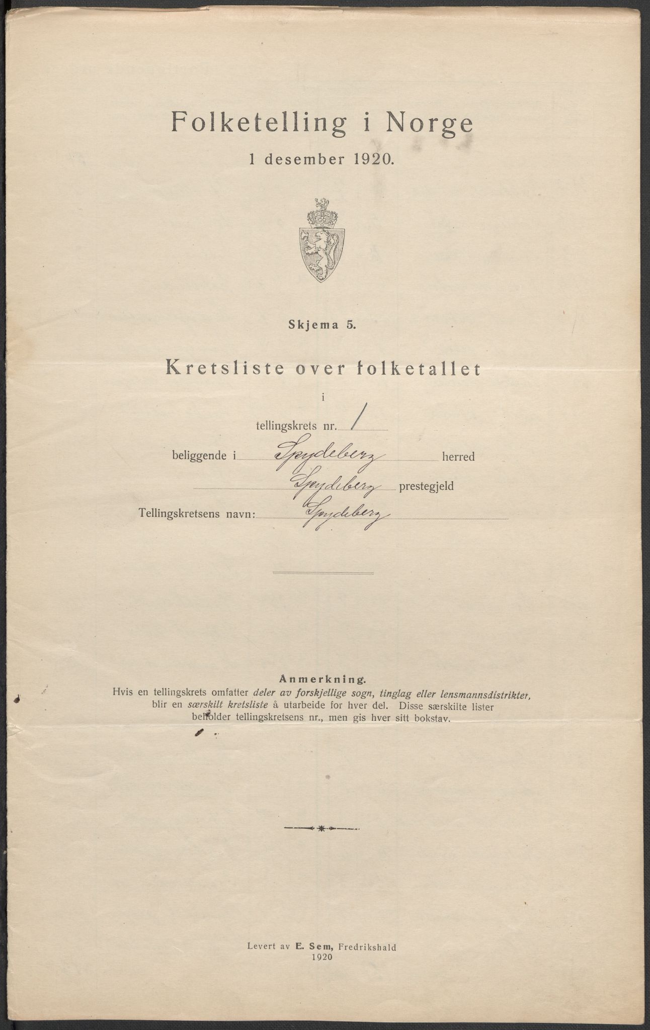 SAO, 1920 census for Spydeberg, 1920, p. 7