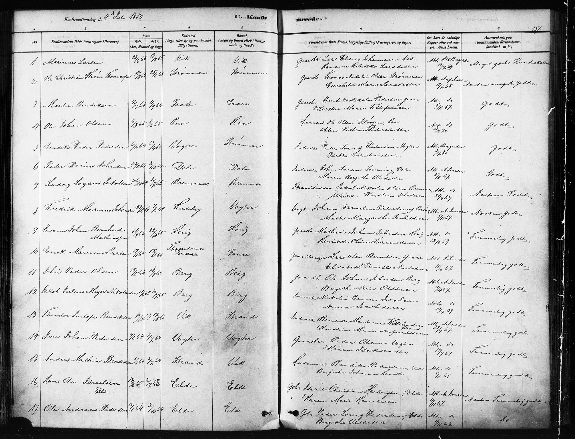 Kvæfjord sokneprestkontor, SATØ/S-1323/G/Ga/Gaa/L0005kirke: Parish register (official) no. 5, 1878-1894, p. 157