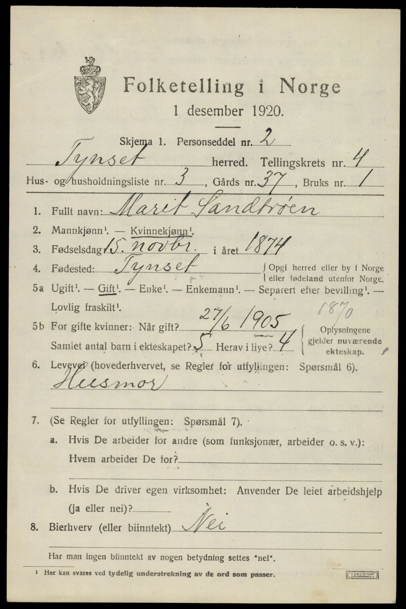 SAH, 1920 census for Tynset, 1920, p. 3202