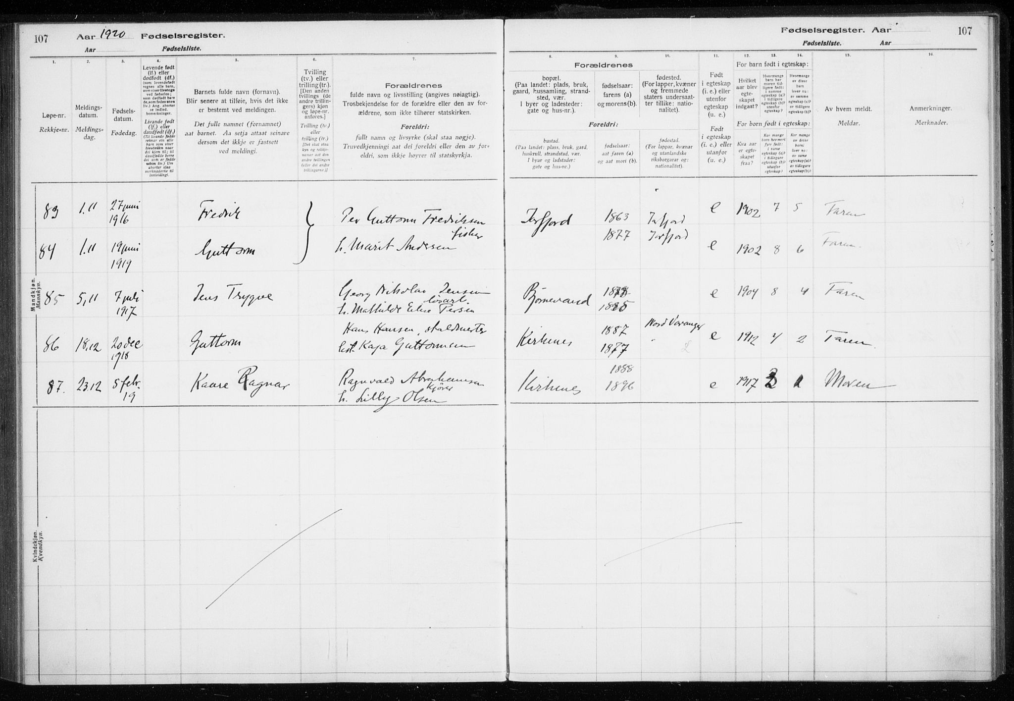 Sør-Varanger sokneprestkontor, AV/SATØ-S-1331/I/Ia/L0016: Birth register no. 16, 1915-1925, p. 107