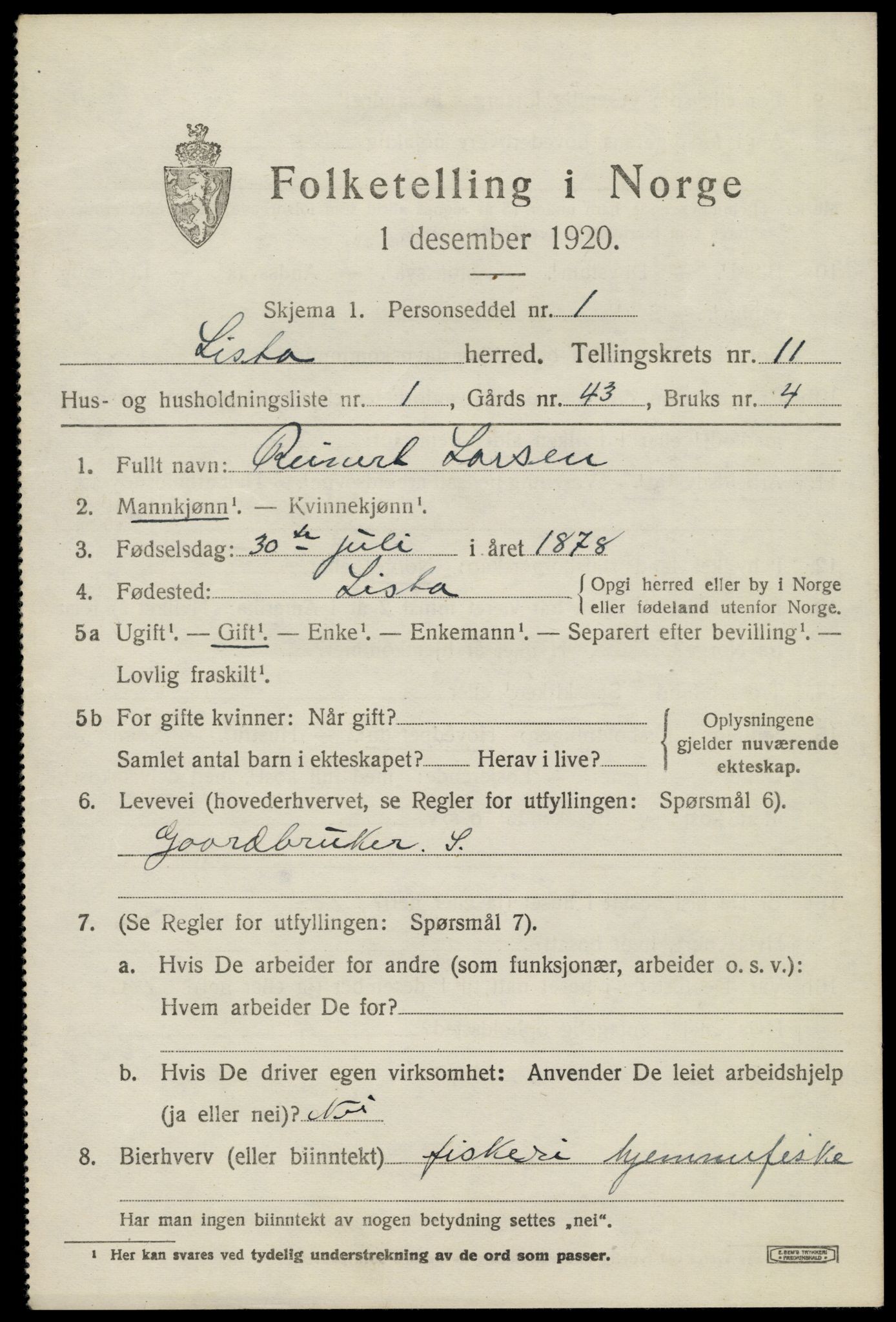 SAK, 1920 census for Lista, 1920, p. 10947