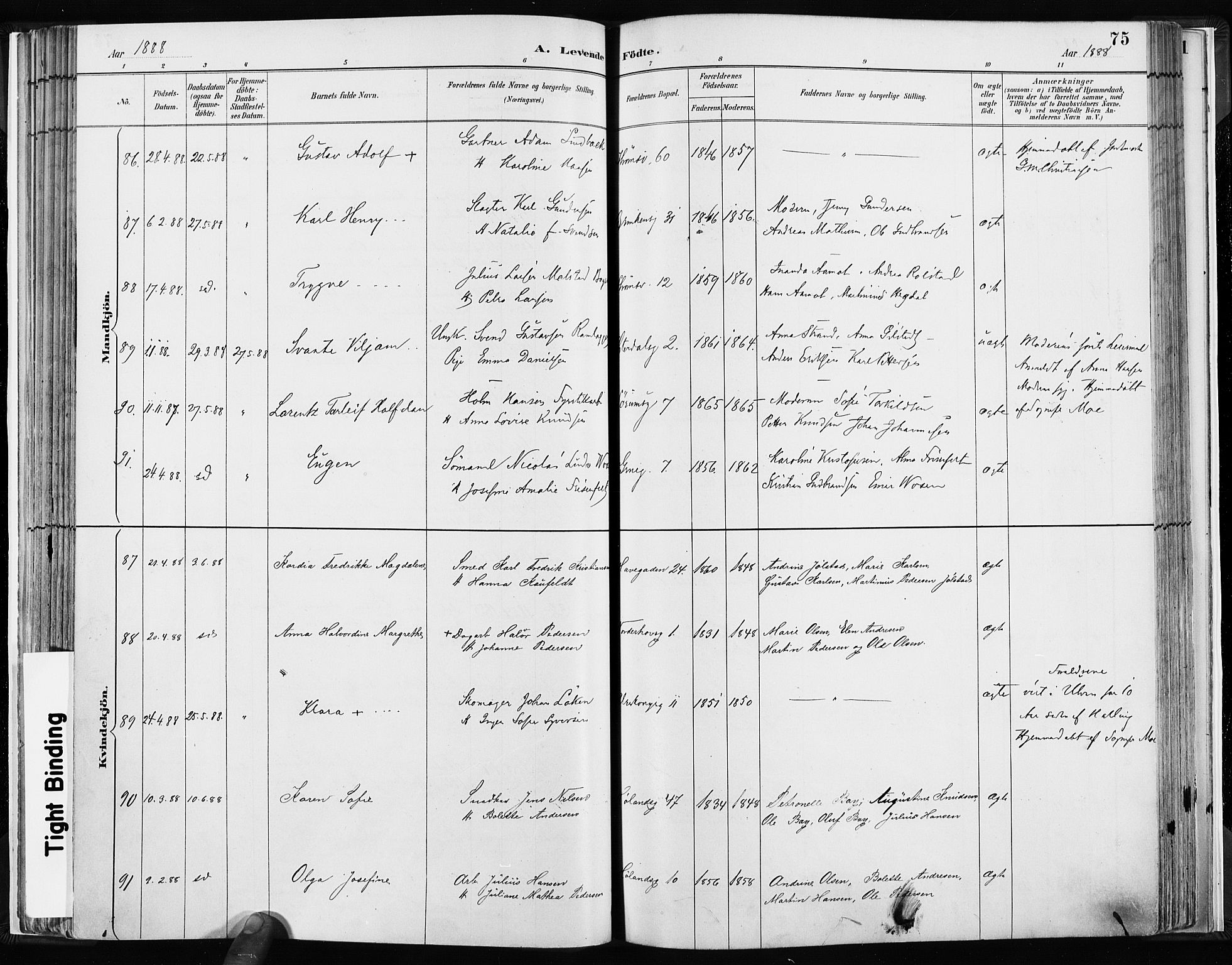 Kampen prestekontor Kirkebøker, AV/SAO-A-10853/F/Fa/L0003: Parish register (official) no. I 3, 1886-1892, p. 75