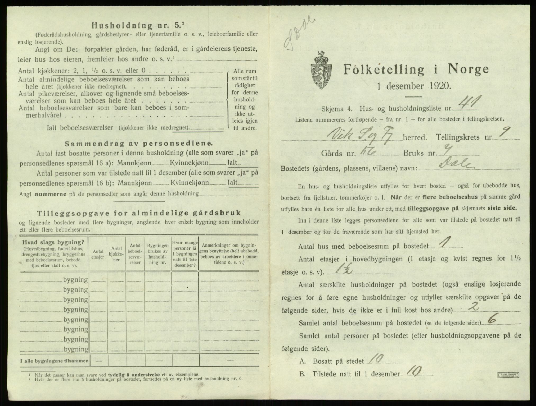 SAB, 1920 census for Vik, 1920, p. 980