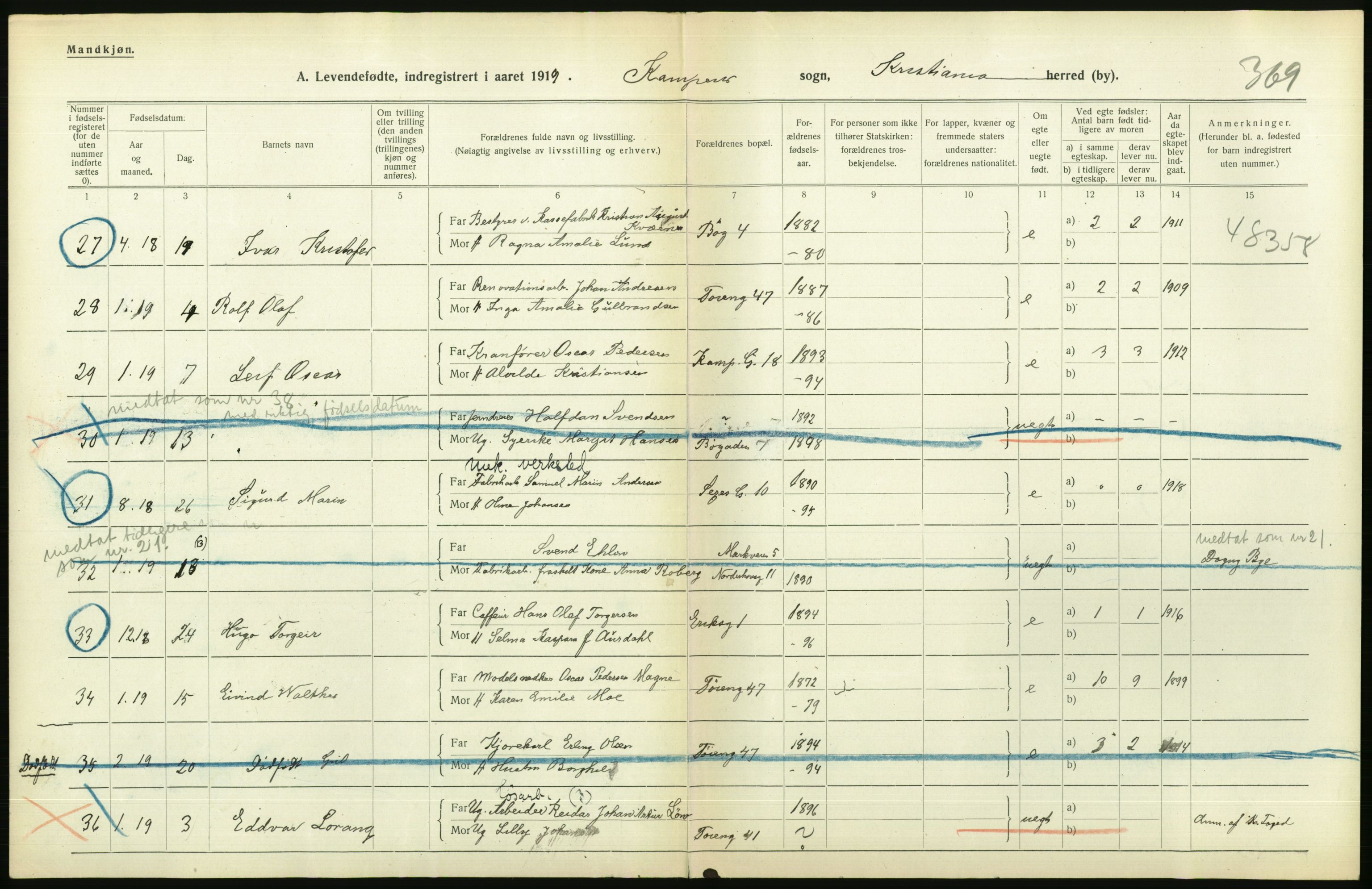 Statistisk sentralbyrå, Sosiodemografiske emner, Befolkning, AV/RA-S-2228/D/Df/Dfb/Dfbi/L0008: Kristiania: Levendefødte menn og kvinner., 1919