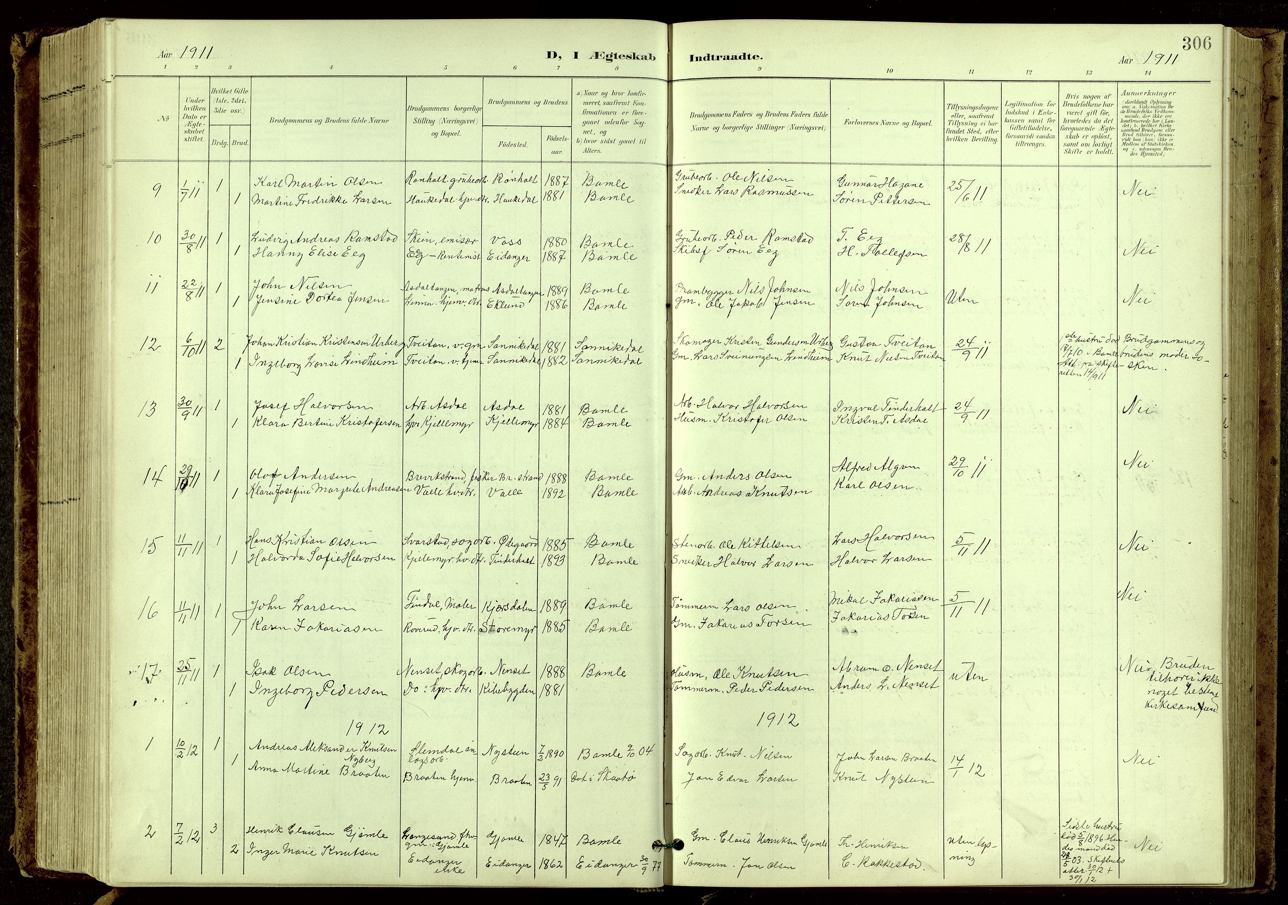 Bamble kirkebøker, SAKO/A-253/G/Ga/L0010: Parish register (copy) no. I 10, 1901-1919, p. 306