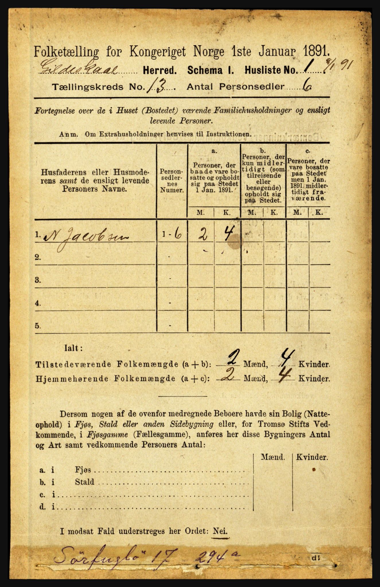 RA, 1891 census for 1838 Gildeskål, 1891, p. 4047