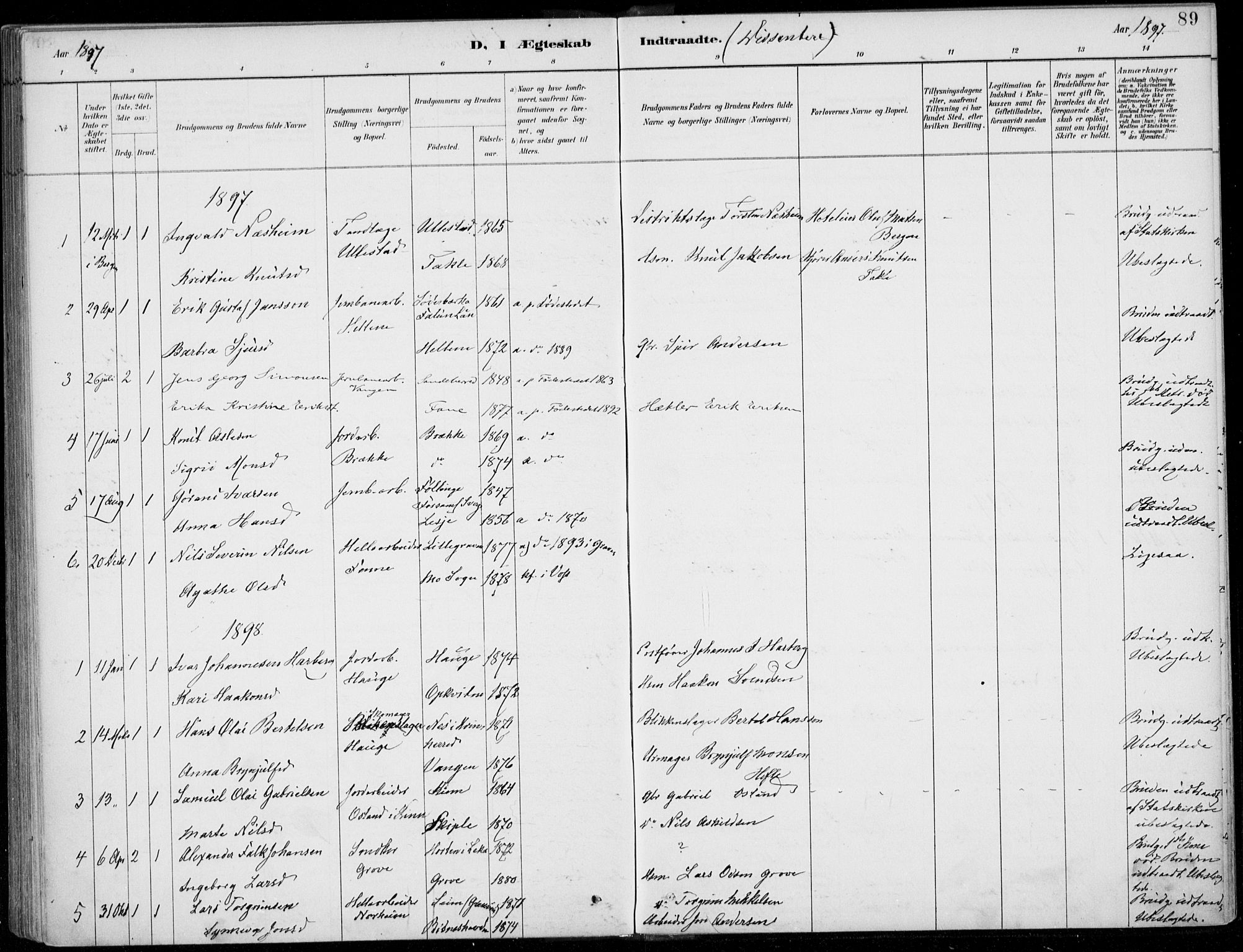 Voss sokneprestembete, SAB/A-79001/H/Haa: Parish register (official) no. C  1, 1887-1915, p. 89