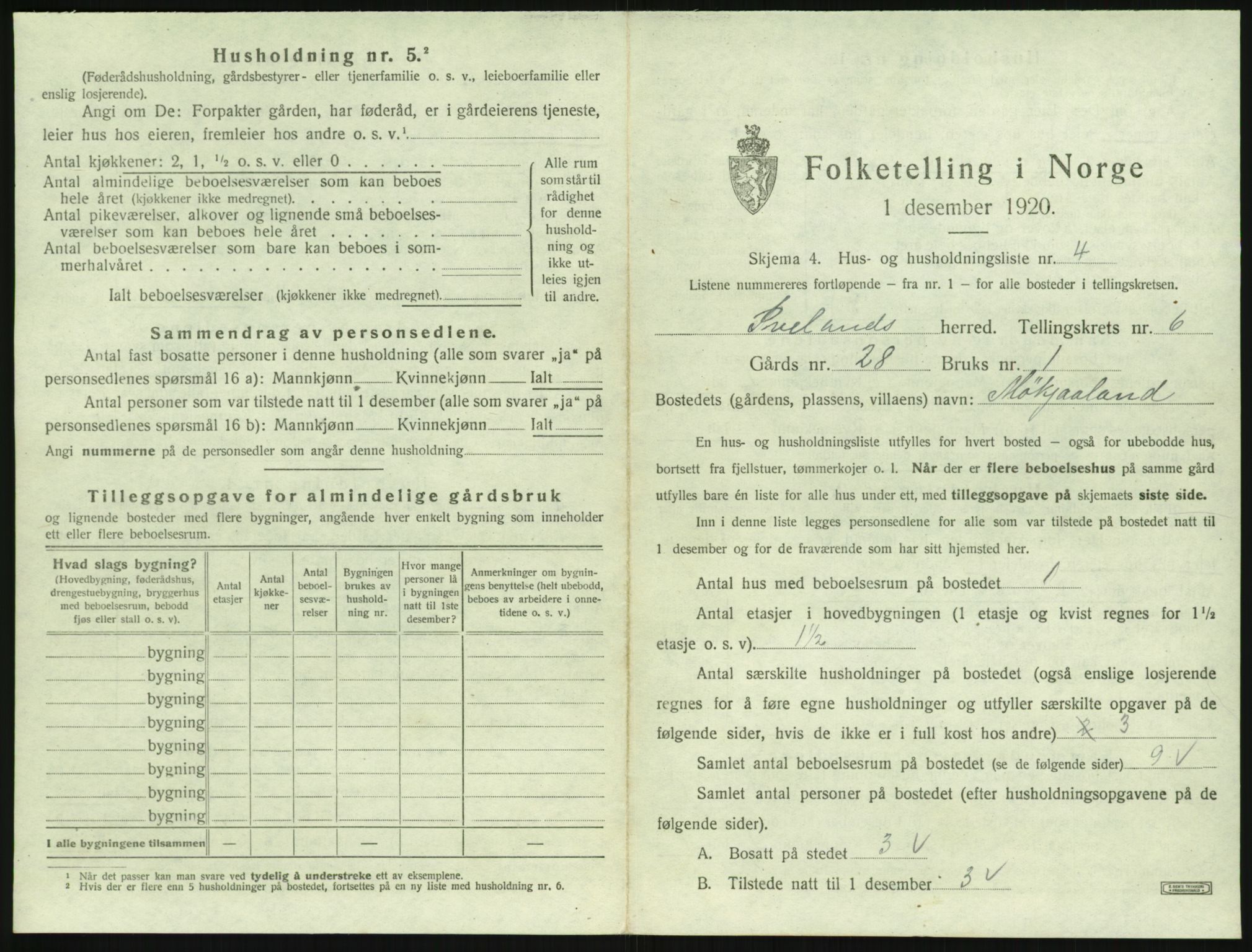 SAK, 1920 census for Iveland, 1920, p. 309