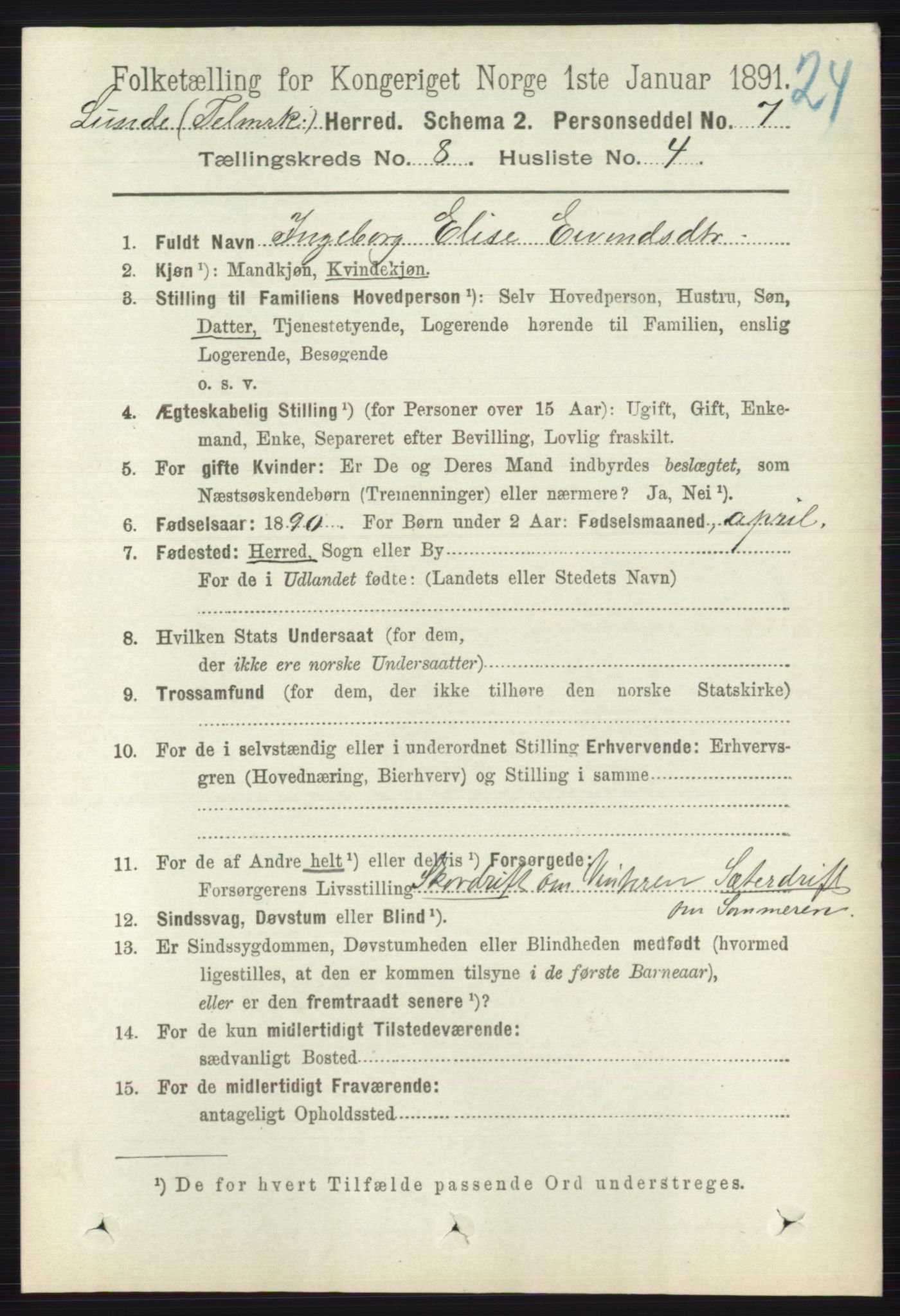 RA, 1891 census for 0820 Lunde, 1891, p. 2394