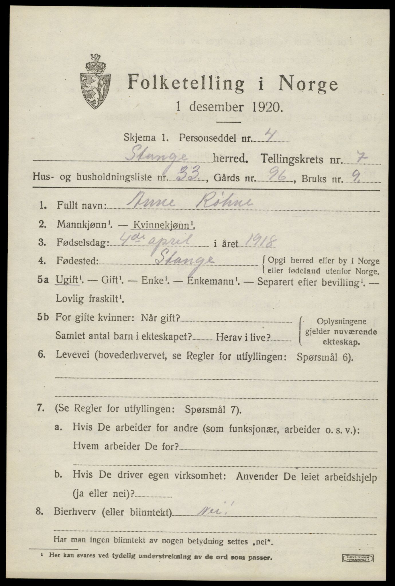 SAH, 1920 census for Stange, 1920, p. 12613