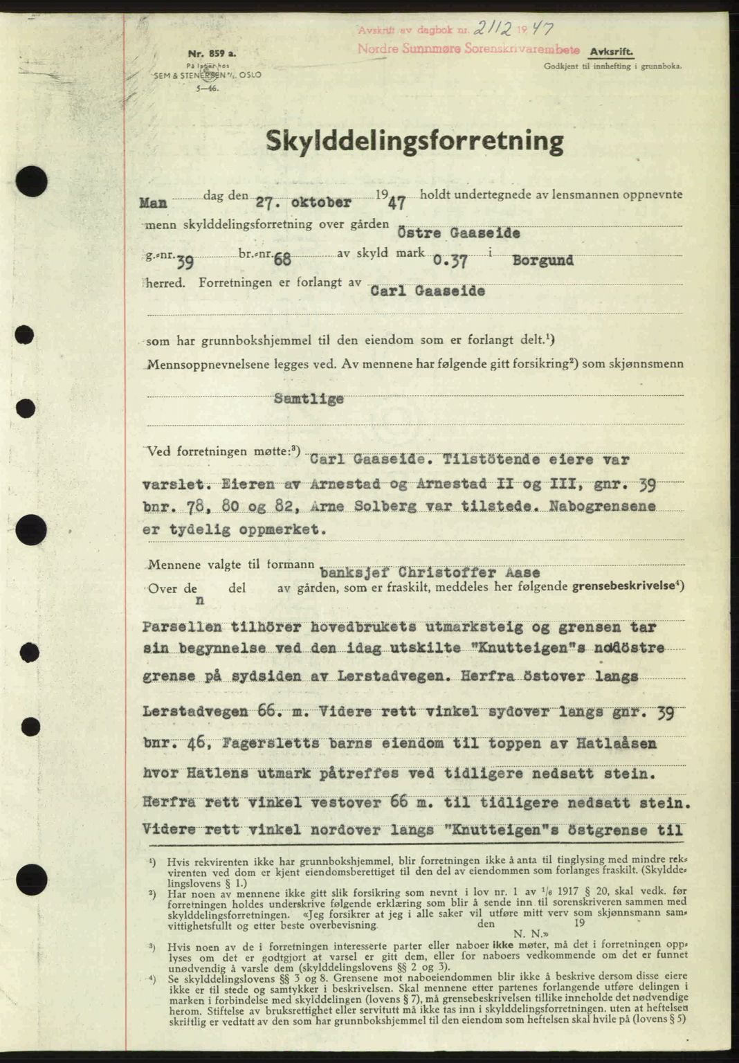 Nordre Sunnmøre sorenskriveri, AV/SAT-A-0006/1/2/2C/2Ca: Mortgage book no. A26, 1947-1948, Diary no: : 2112/1947