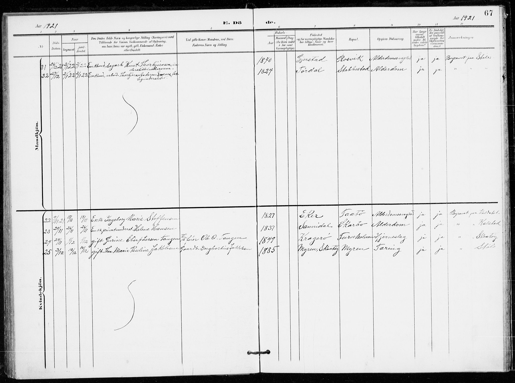 Skåtøy kirkebøker, AV/SAKO-A-304/F/Fa/L0005: Parish register (official) no. I 5, 1901-1923, p. 67