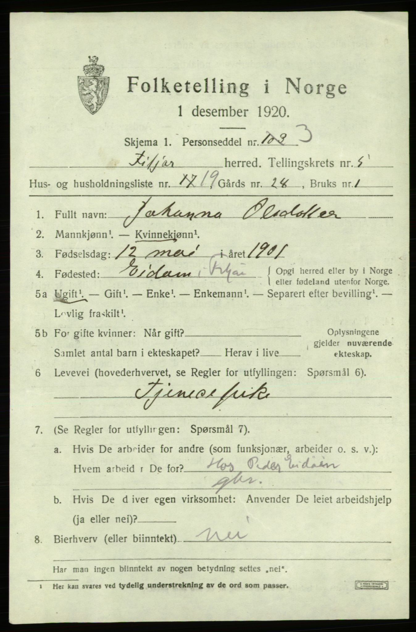 SAB, 1920 census for Fitjar, 1920, p. 2744