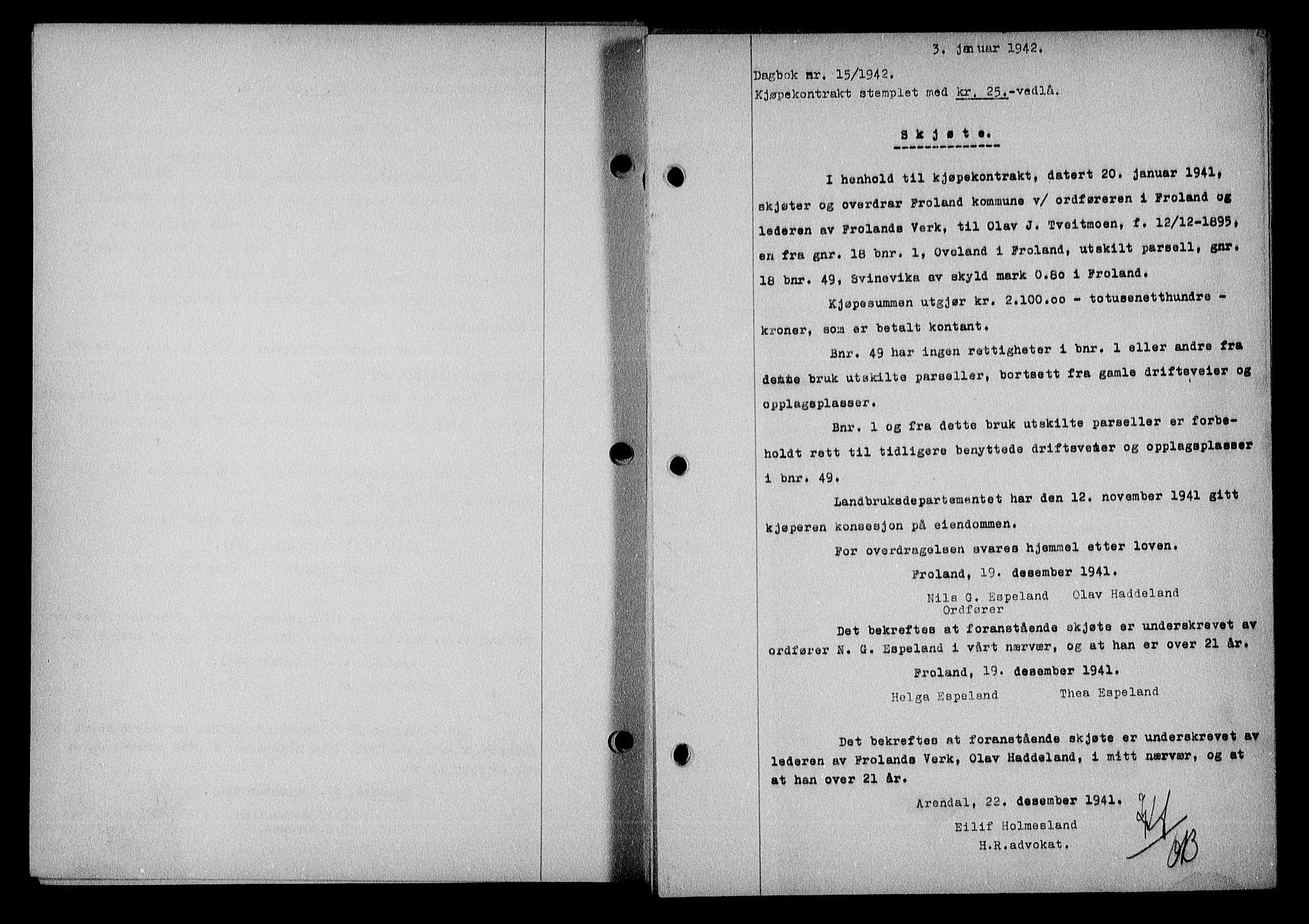 Nedenes sorenskriveri, SAK/1221-0006/G/Gb/Gba/L0049: Mortgage book no. A-III, 1941-1942, Diary no: : 15/1942