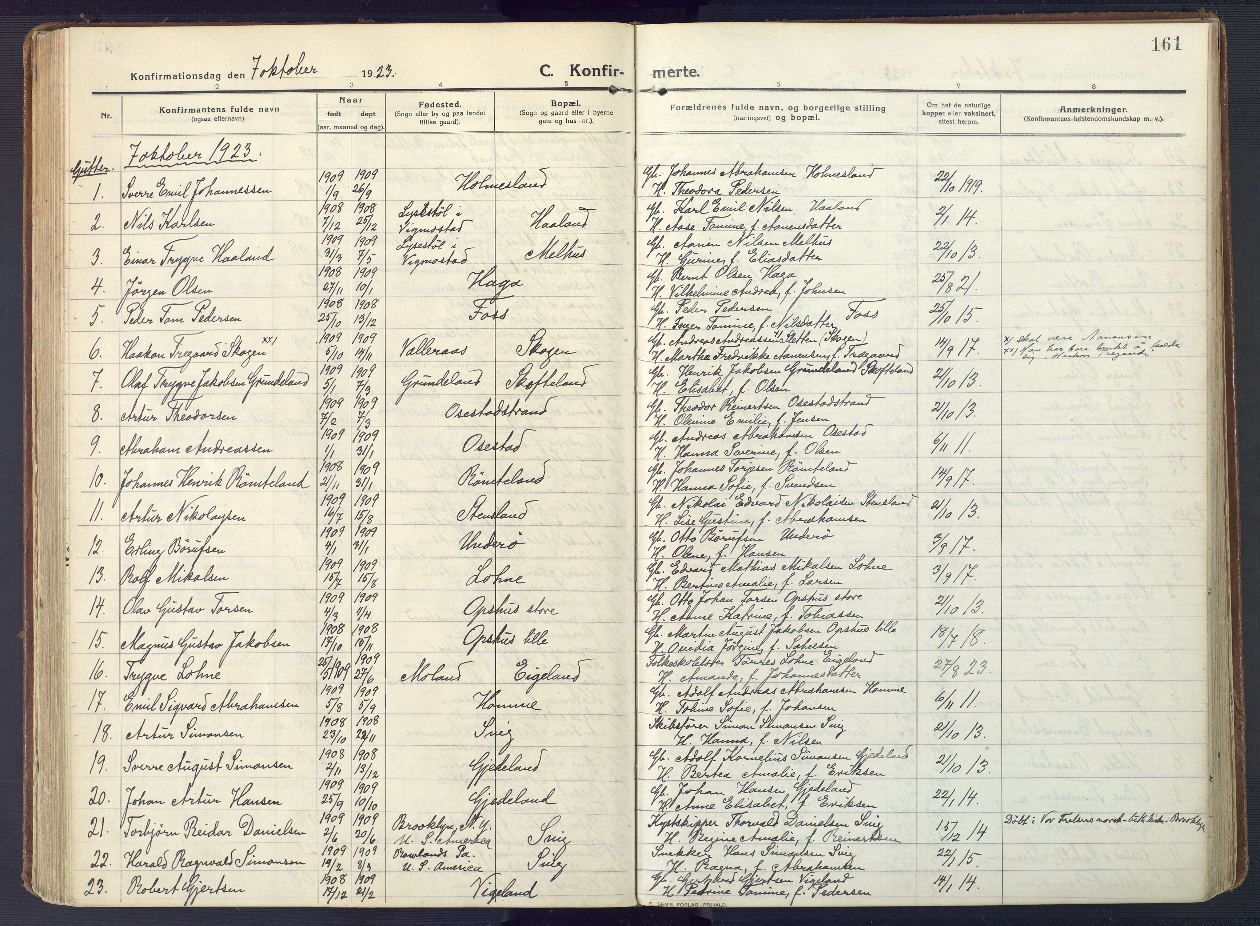 Sør-Audnedal sokneprestkontor, AV/SAK-1111-0039/F/Fa/Fab/L0011: Parish register (official) no. A 11, 1912-1938, p. 161