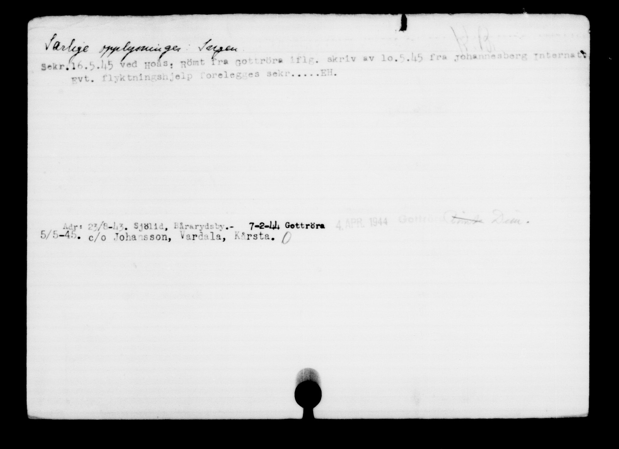 Utenriksstasjonene, Legasjonen i Stockholm, Flyktningkontoret, AV/RA-S-6753/V/Va/L0001: Kjesäterkartoteket, flyktninger med registreringsnr. 1-1000, 1940-1945, p. 525