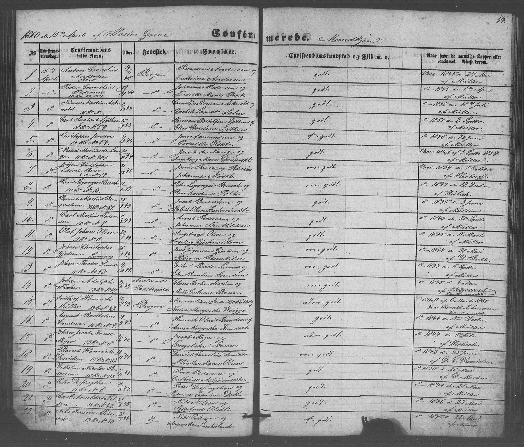 Domkirken sokneprestembete, SAB/A-74801/H/Haa/L0064: Curate's parish register no. A 2, 1850-1872, p. 54