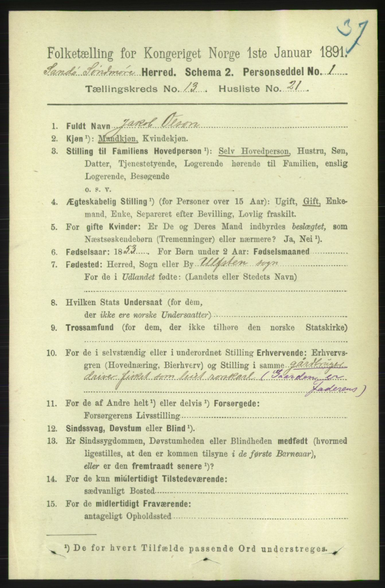 RA, 1891 census for 1514 Sande, 1891, p. 2588