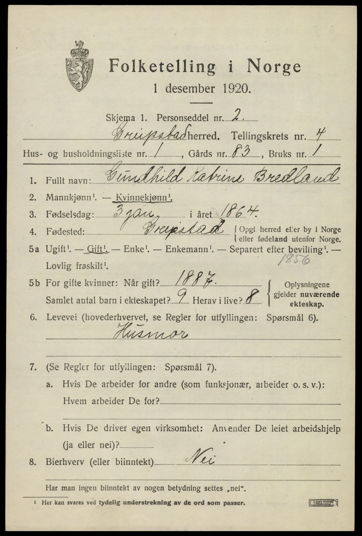 SAK, 1920 census for Greipstad, 1920, p. 1500